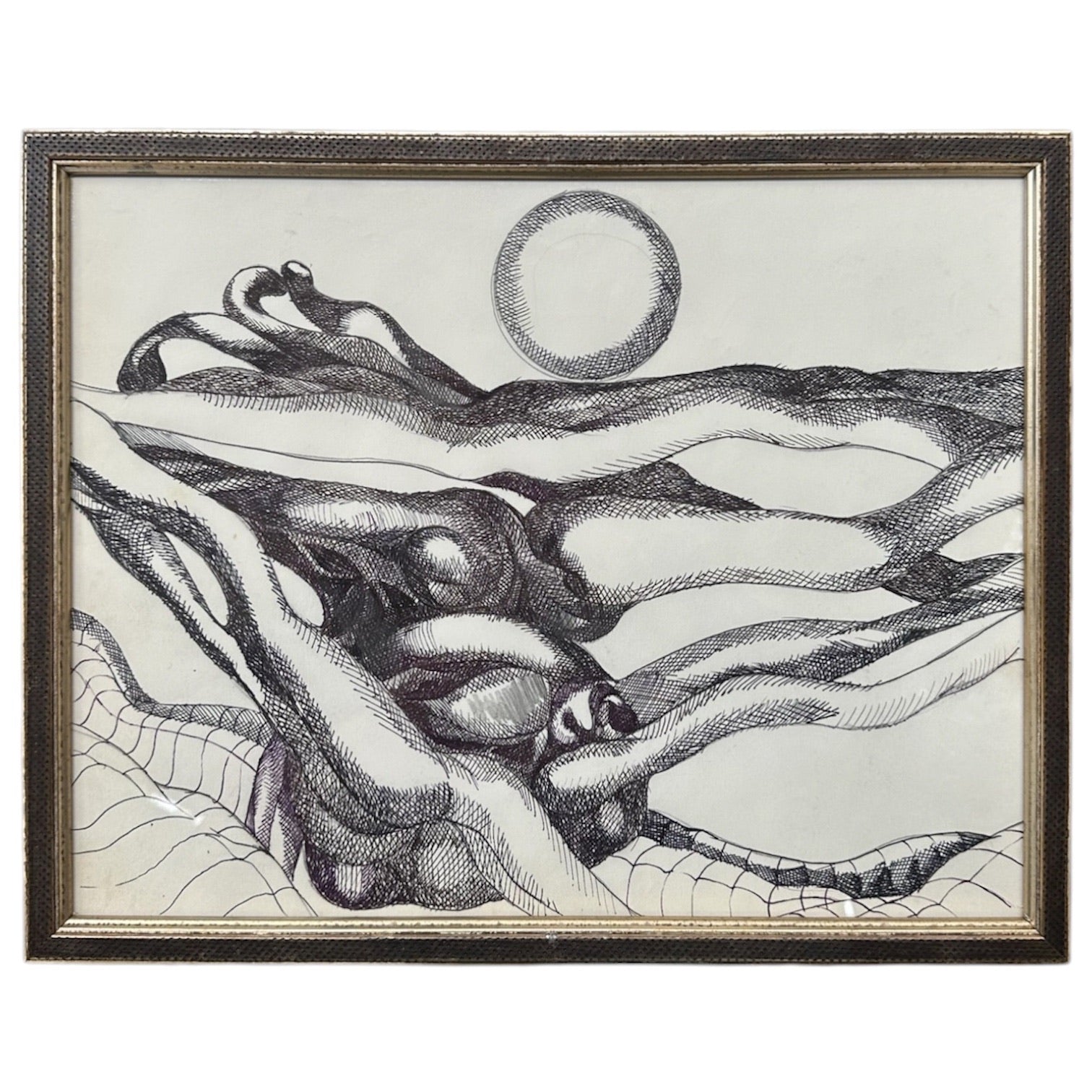 Dramatic Rendering of a Surreal Landscape in Ink, Custom Framed