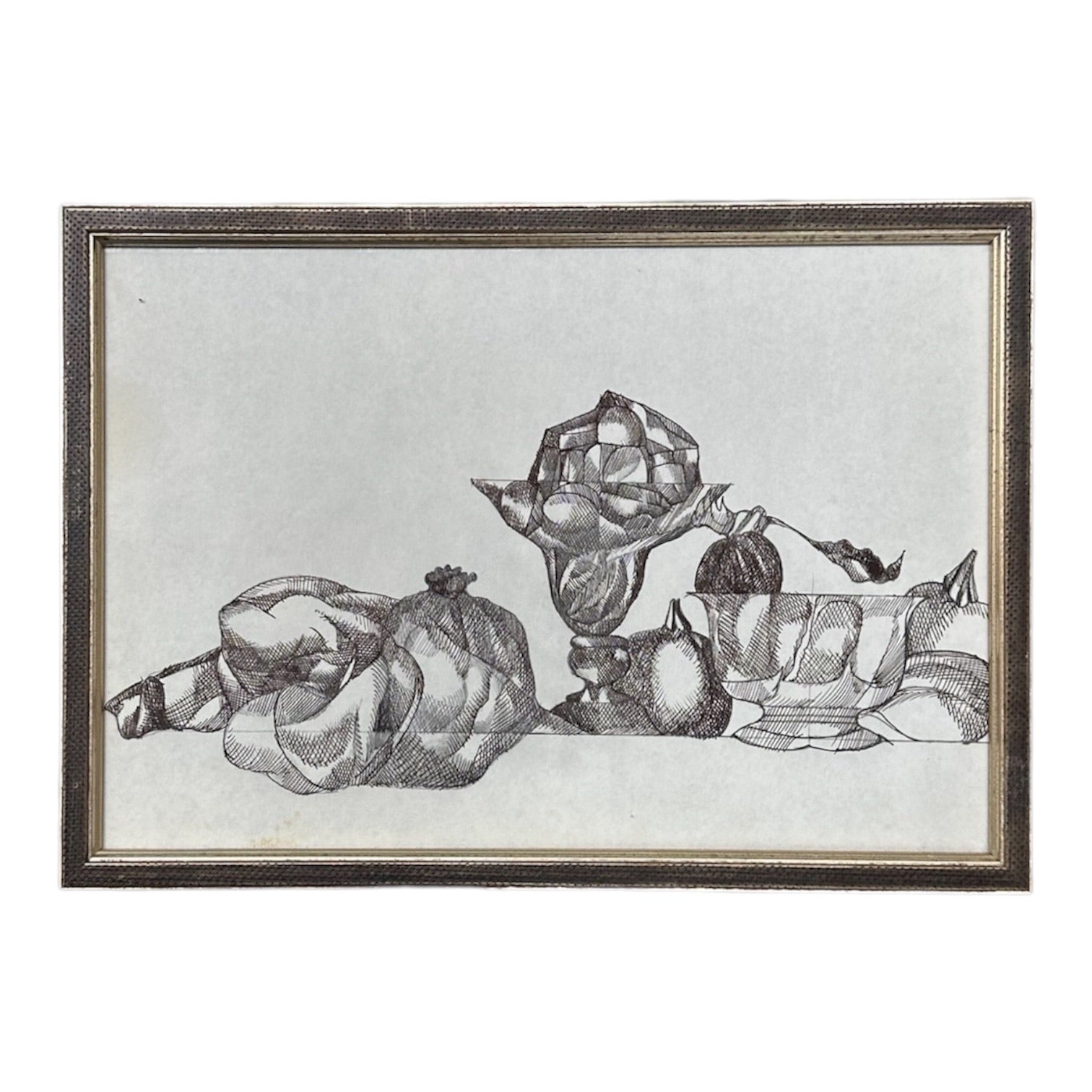 Exacting Ink Still Life with Pomegranates, Custom Framed