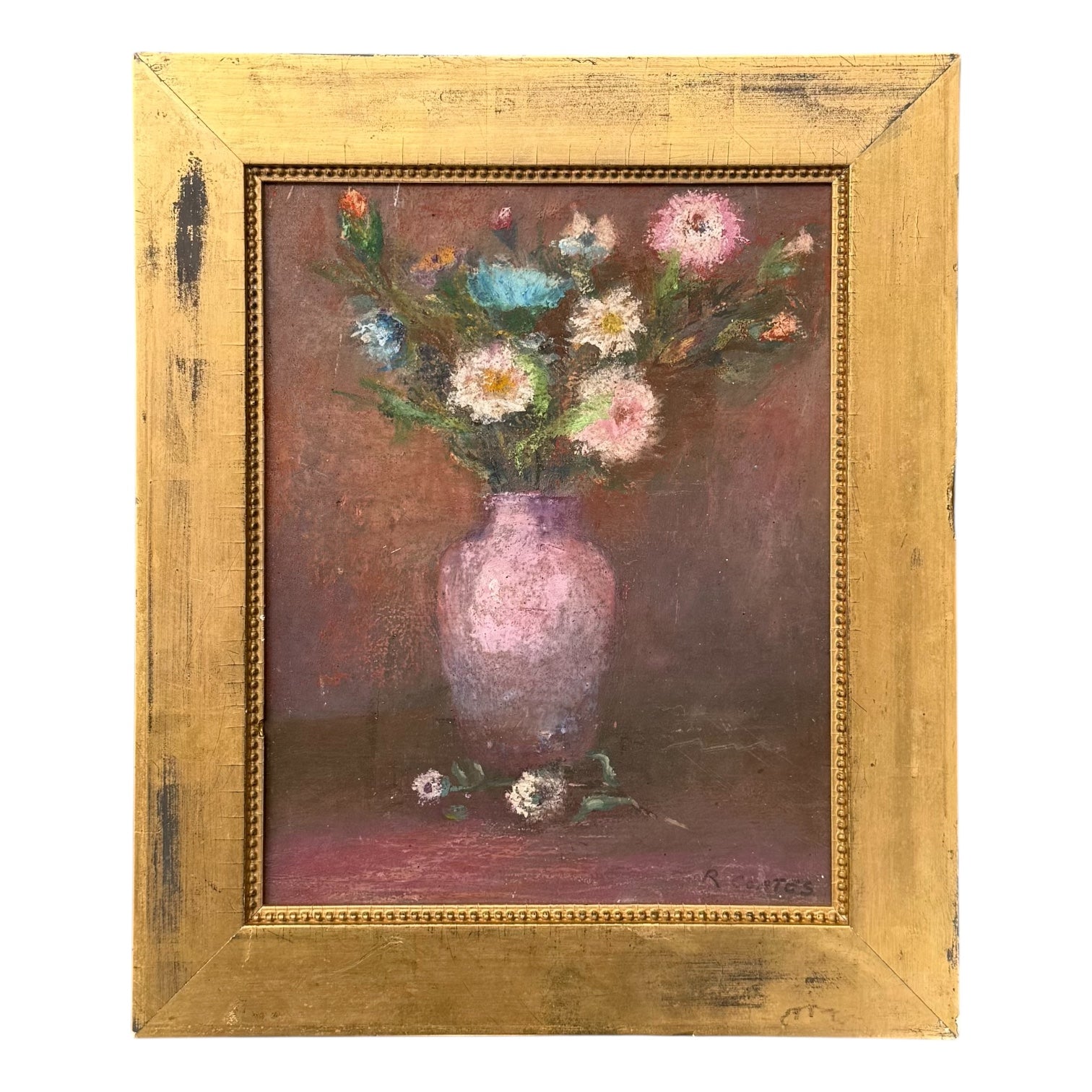 Moody Floral Ensemble in Deep Magenta and Pastel Tones with 19th Century Gilt Frame