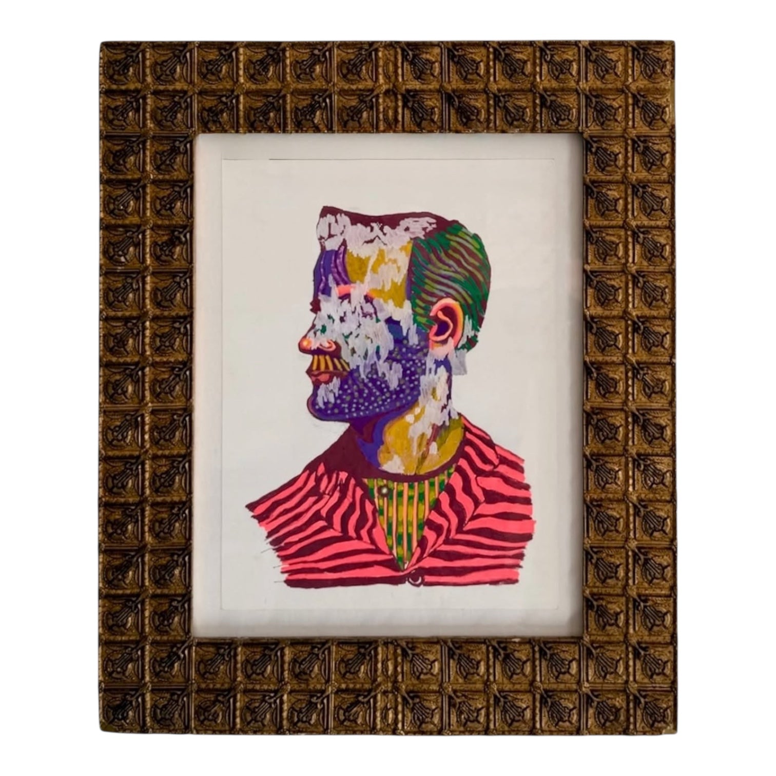 Male Portrait Profile in Neon Coloration in Ornate Antique Frame