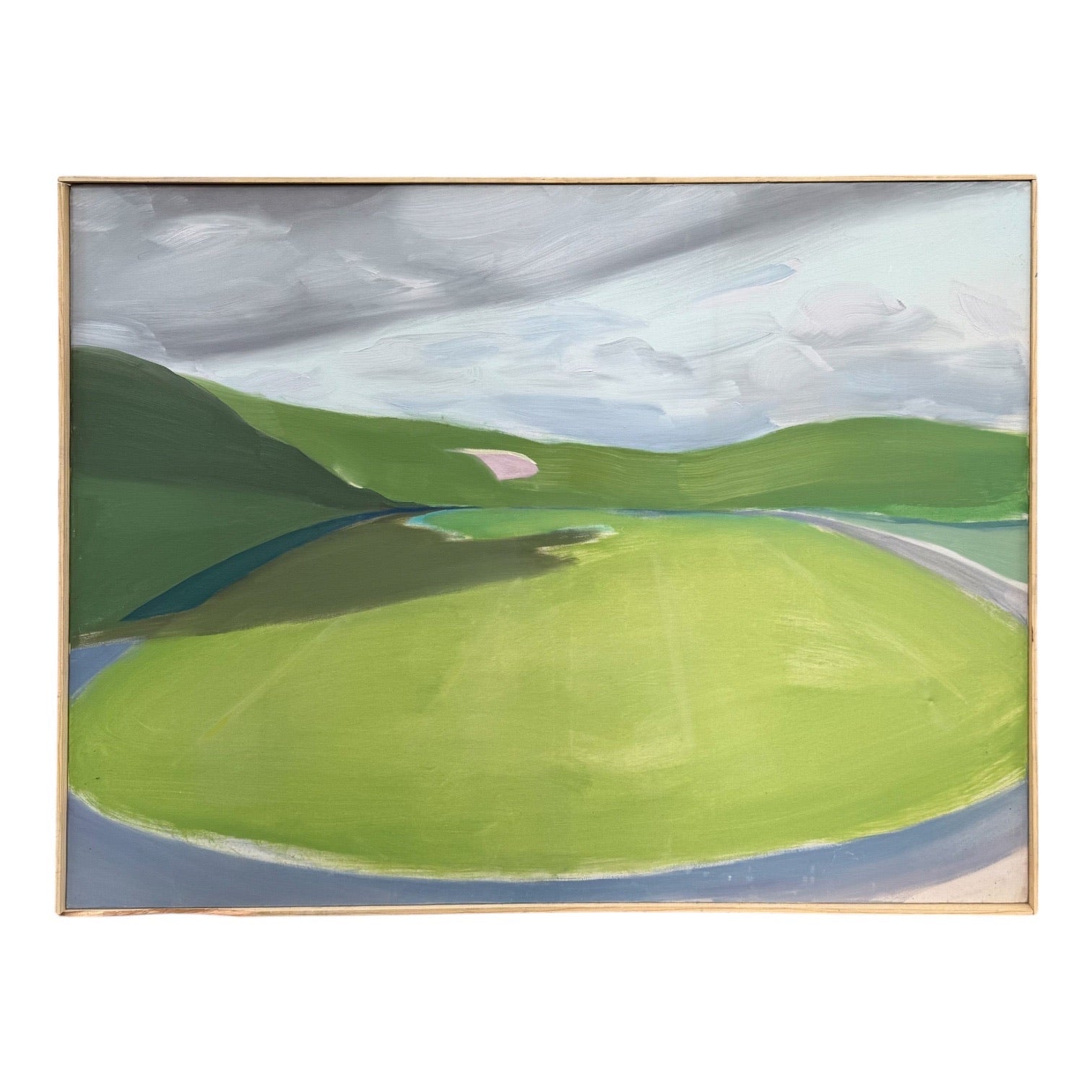Minimalist Oil Landscape Painting in Original Wood Lathe Frame