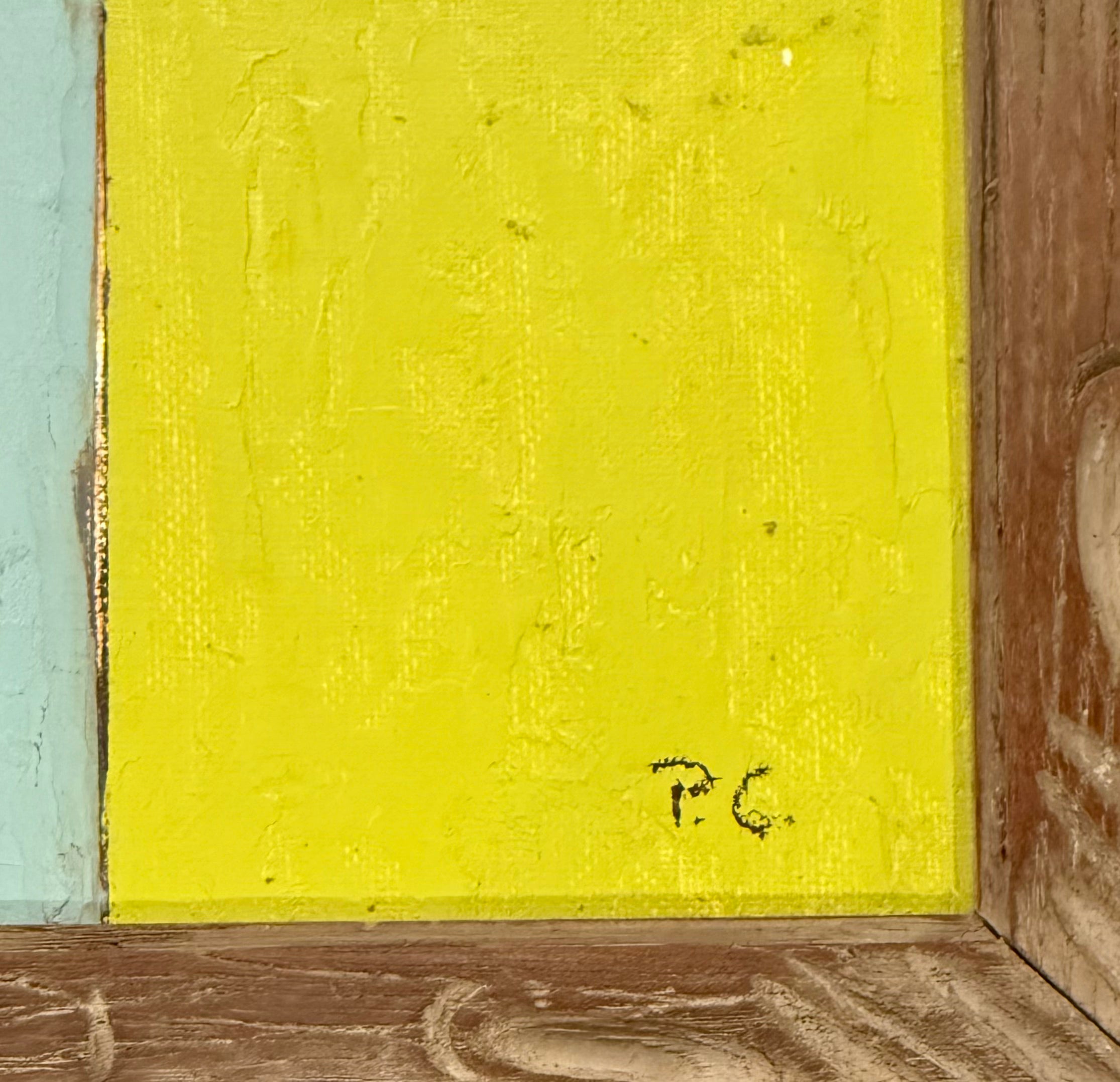 Minimalist Color Blocked Oil Painting in Vintage Hand Carved Wood Frame