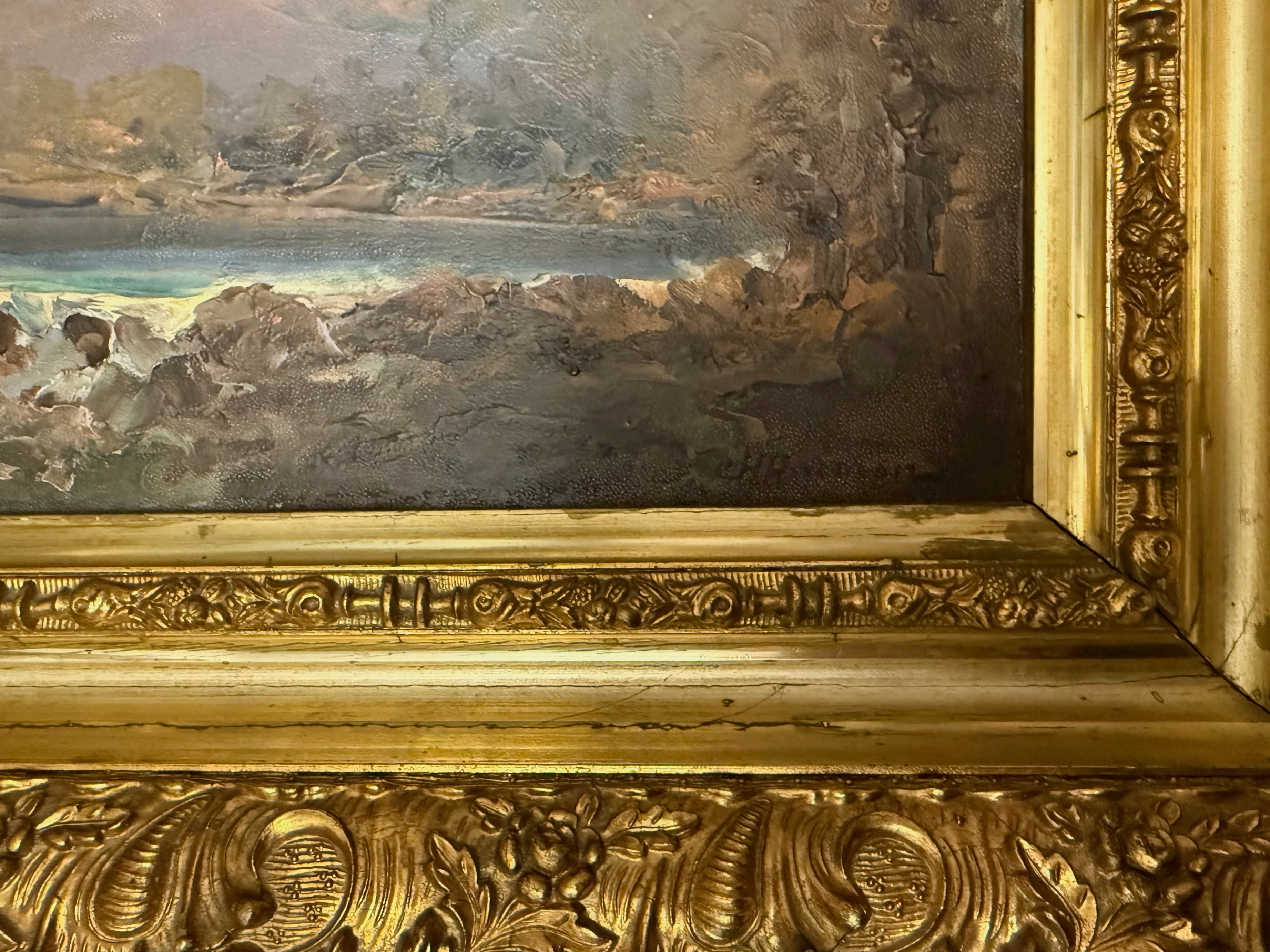 Antique Oil Hudson River School Style Oil Painting in Heavy Ornate Hand-Carved Gilt Frame