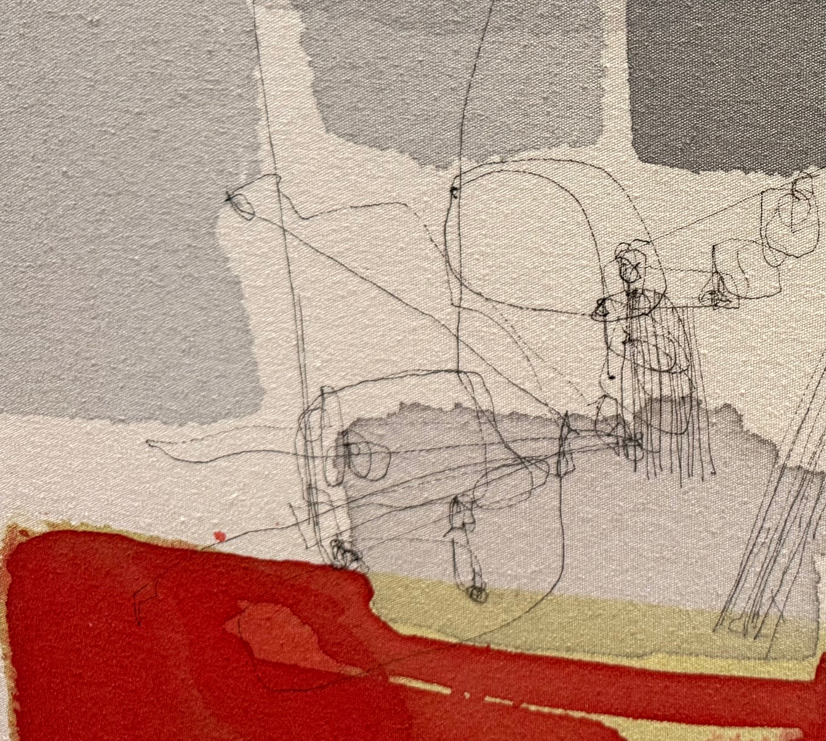 Minimalist Abstract with Gestural Graphite Mark-Making in Grays and Red