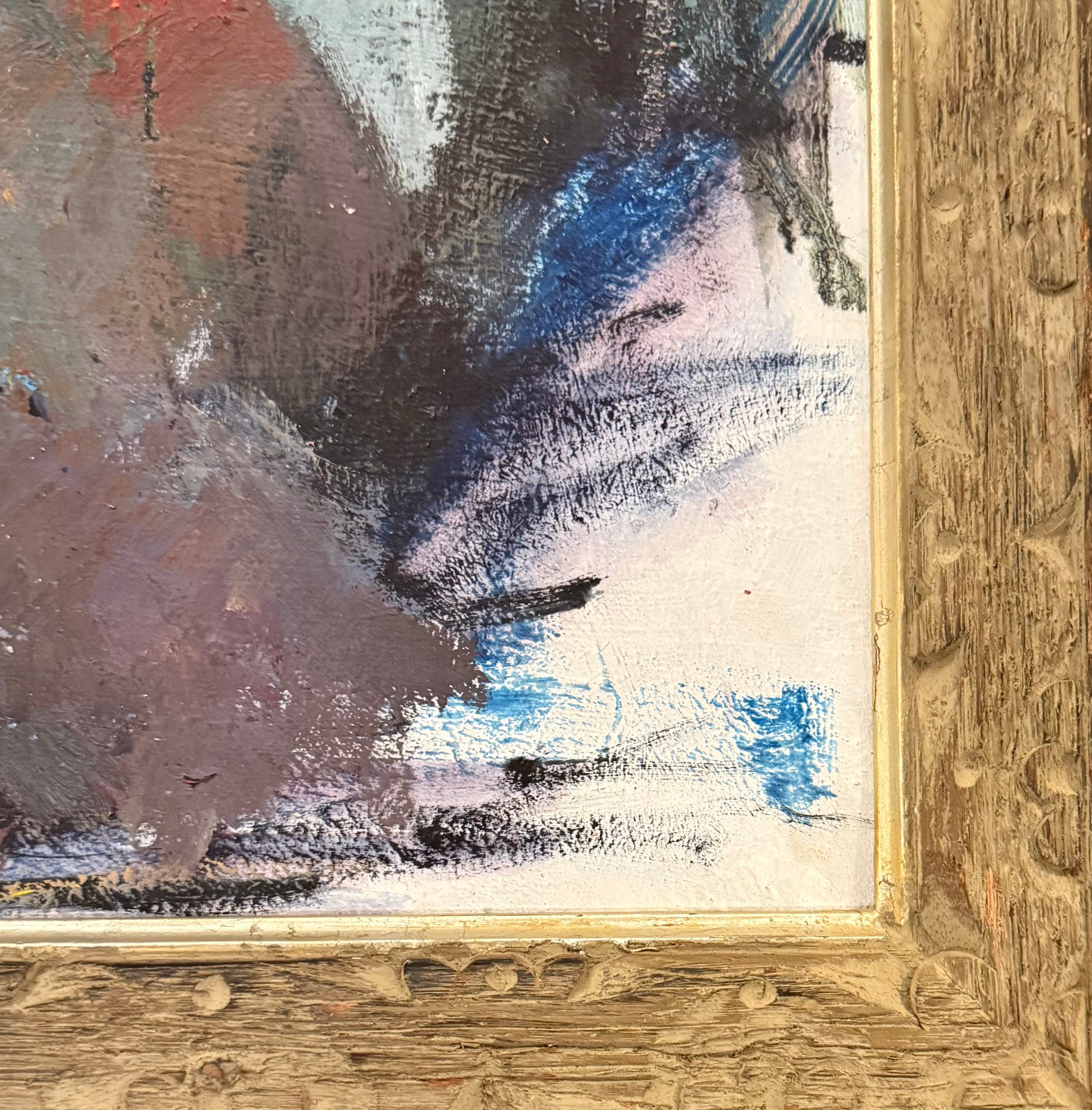 Lush Vintage Figurative Painting with Gestural Brushwork in Antique Hand-Carved Frame