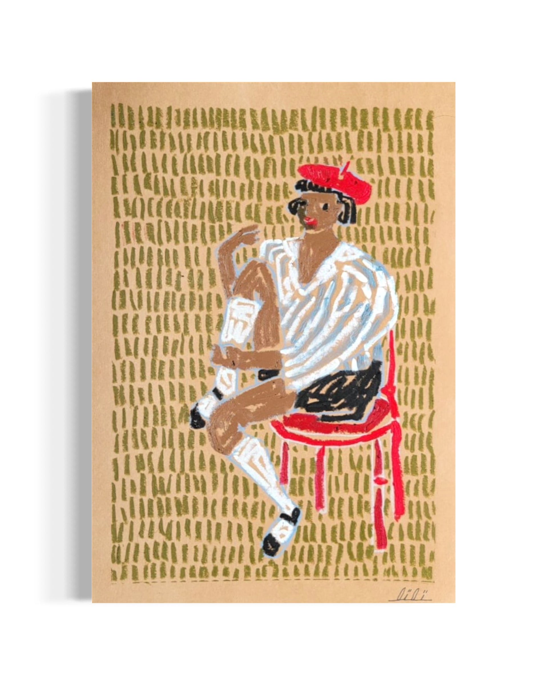 Woman in Red Beret Sitting on Chair