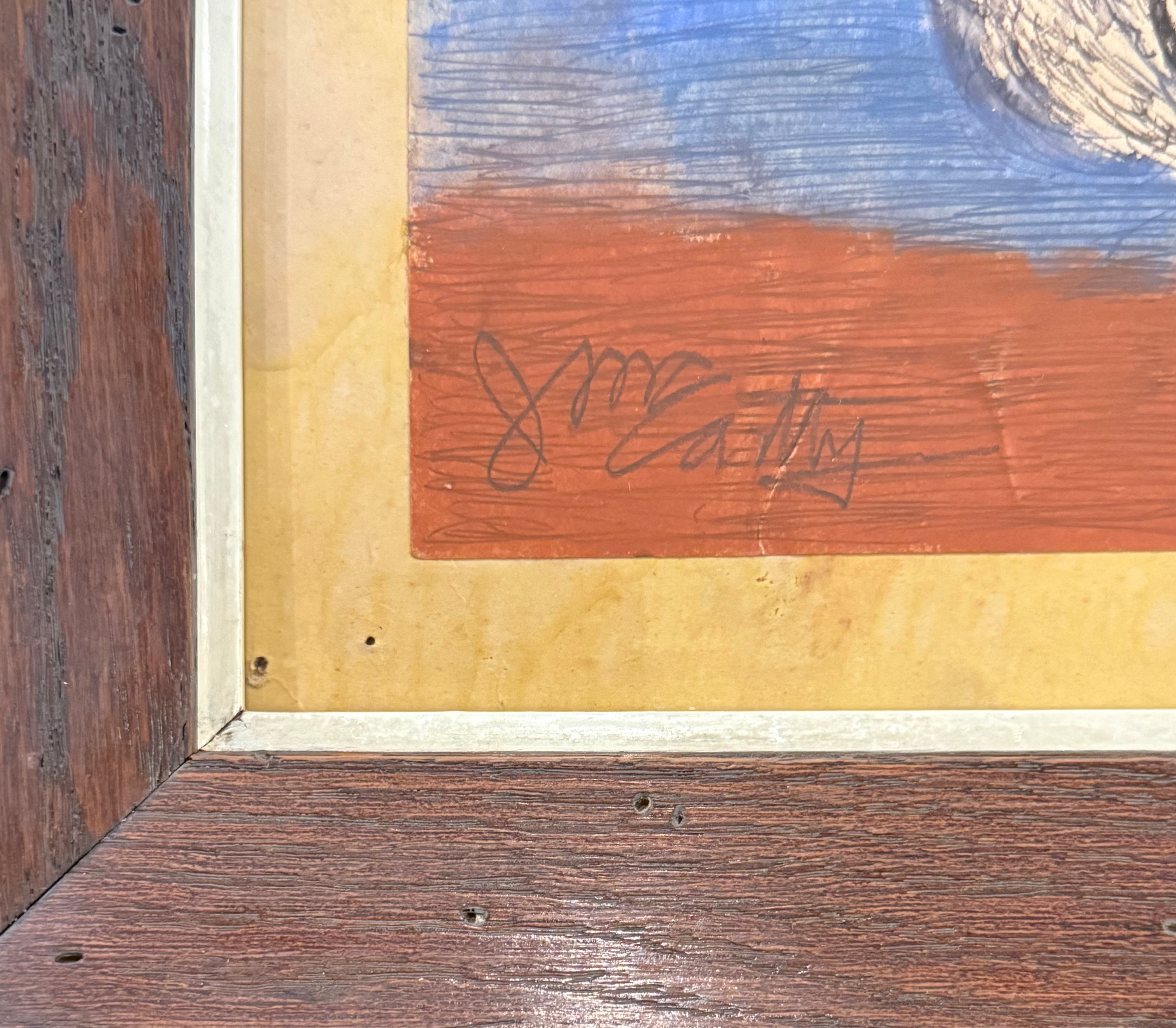 Outsider Art Mixed Media Painting of Kangaroo Mother and Baby in Heavy Vintage Wood Frame