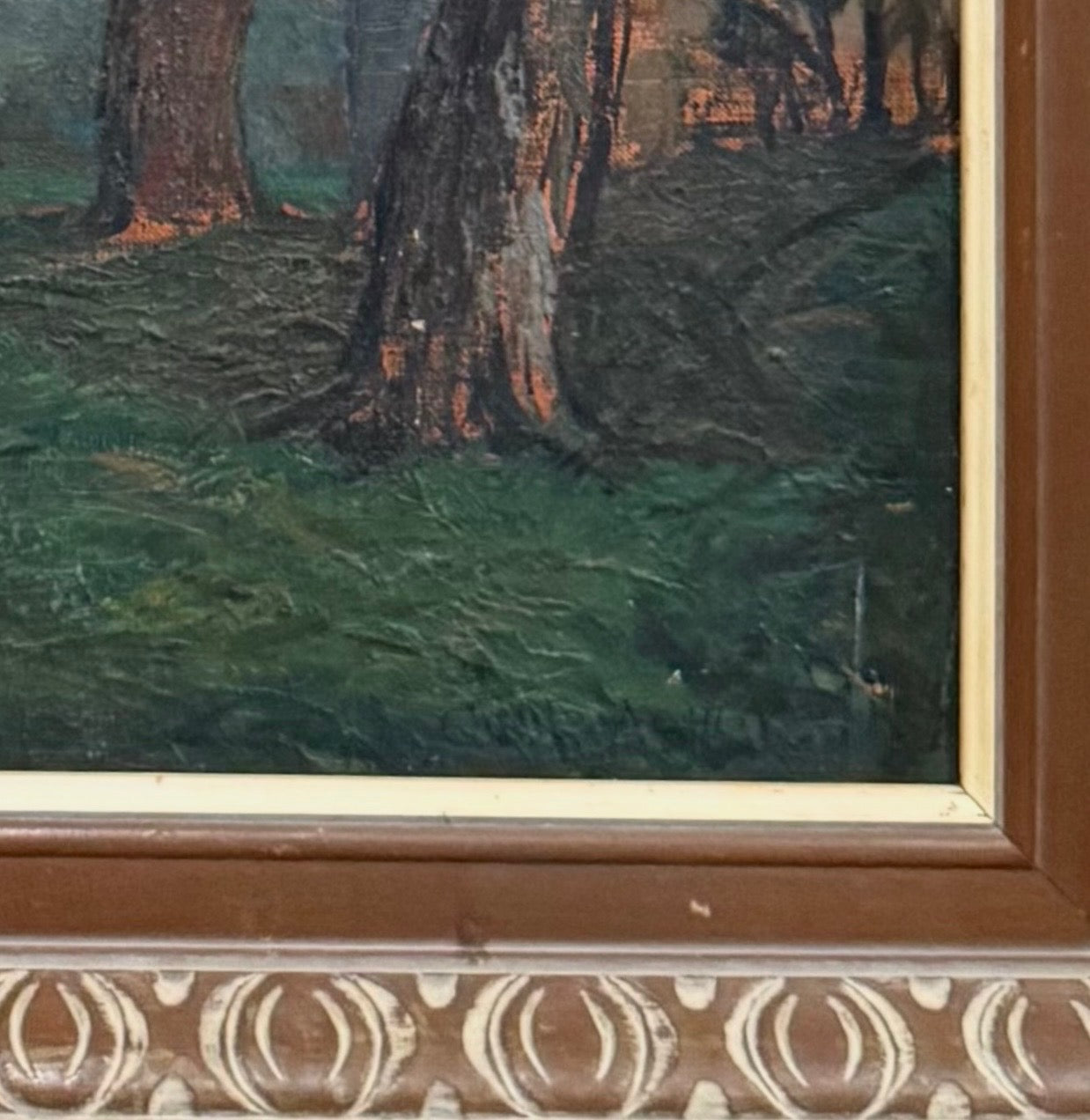 WPA Era Oil Painting of Houses in Landscape in Vintage Carved Wood Frame