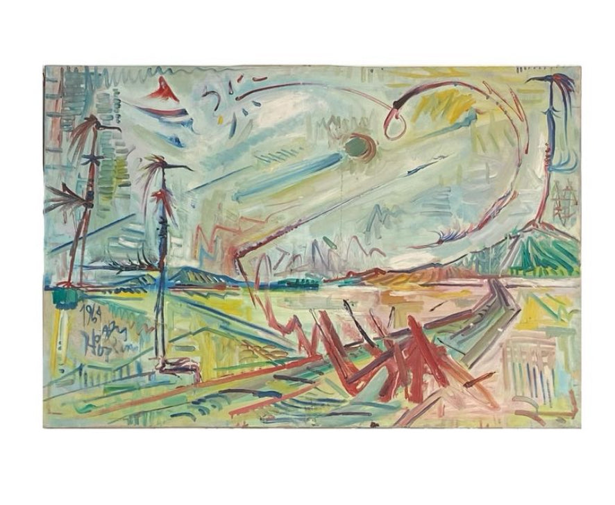 1964 Vintage Abstract Expressionist Energetic Landscape
