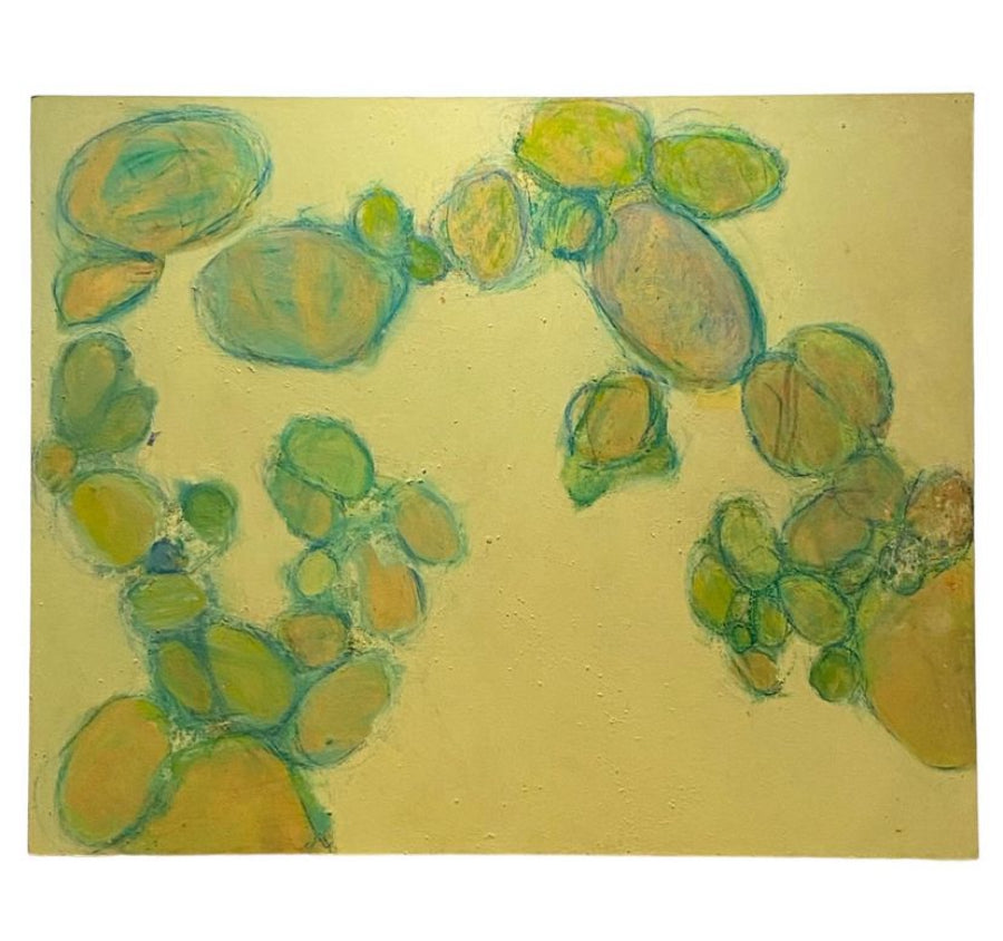 Large Abstract Vintage Painting in Greens and Yellows