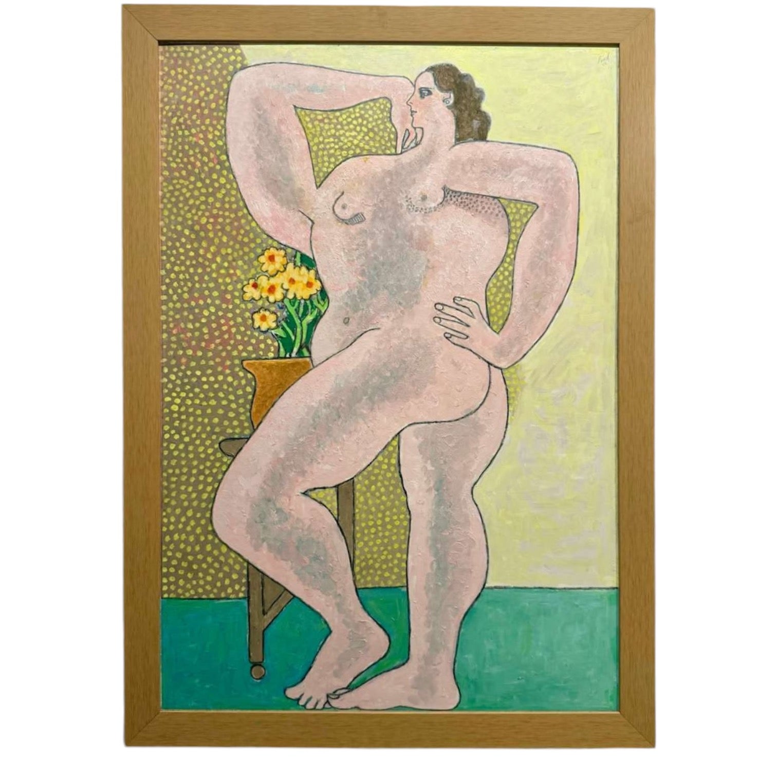 Gouache on Board Painting of Figure in Interior in Custom Frame