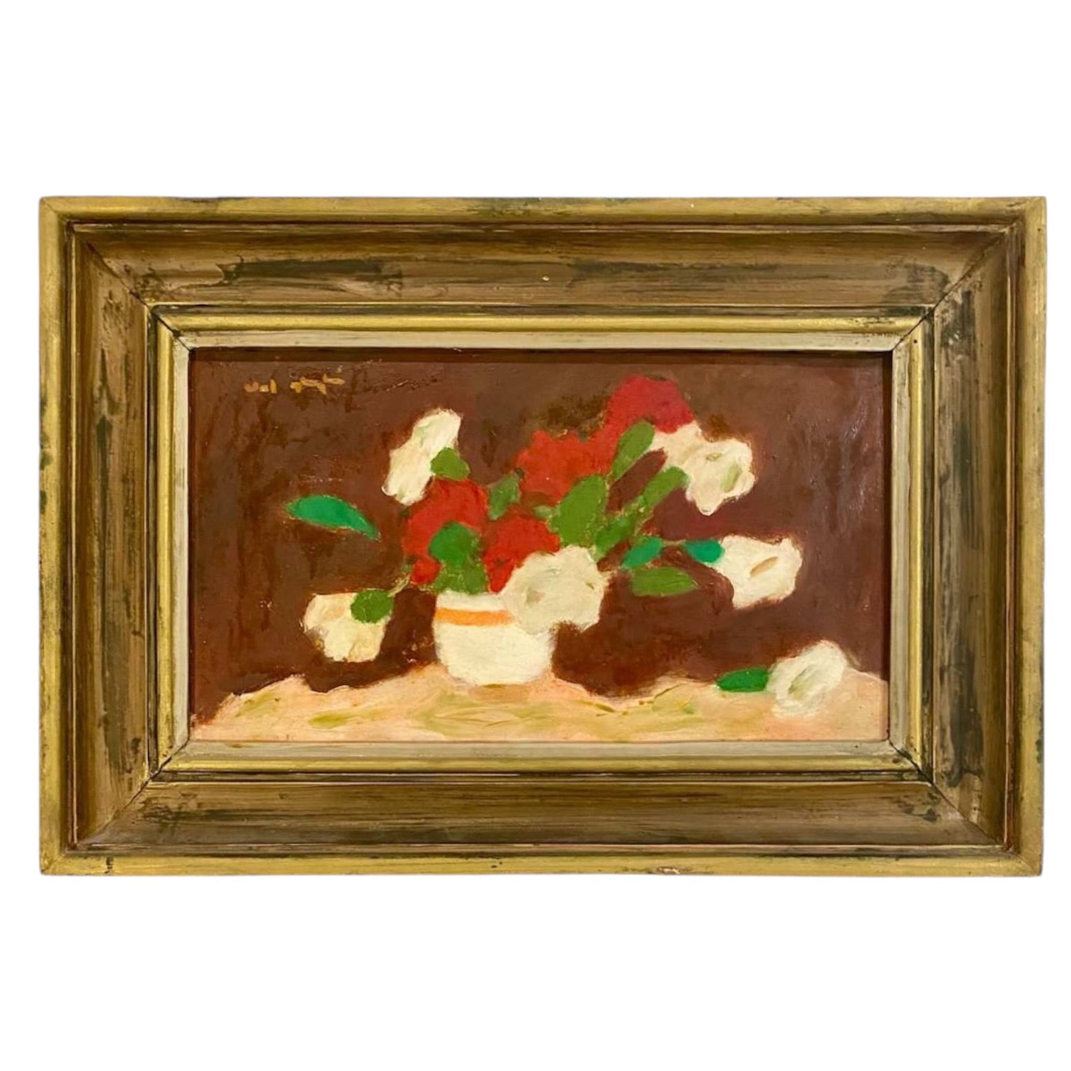 Naive Abstract Floral Painting Presented in 19th Century Giltwood Frame
