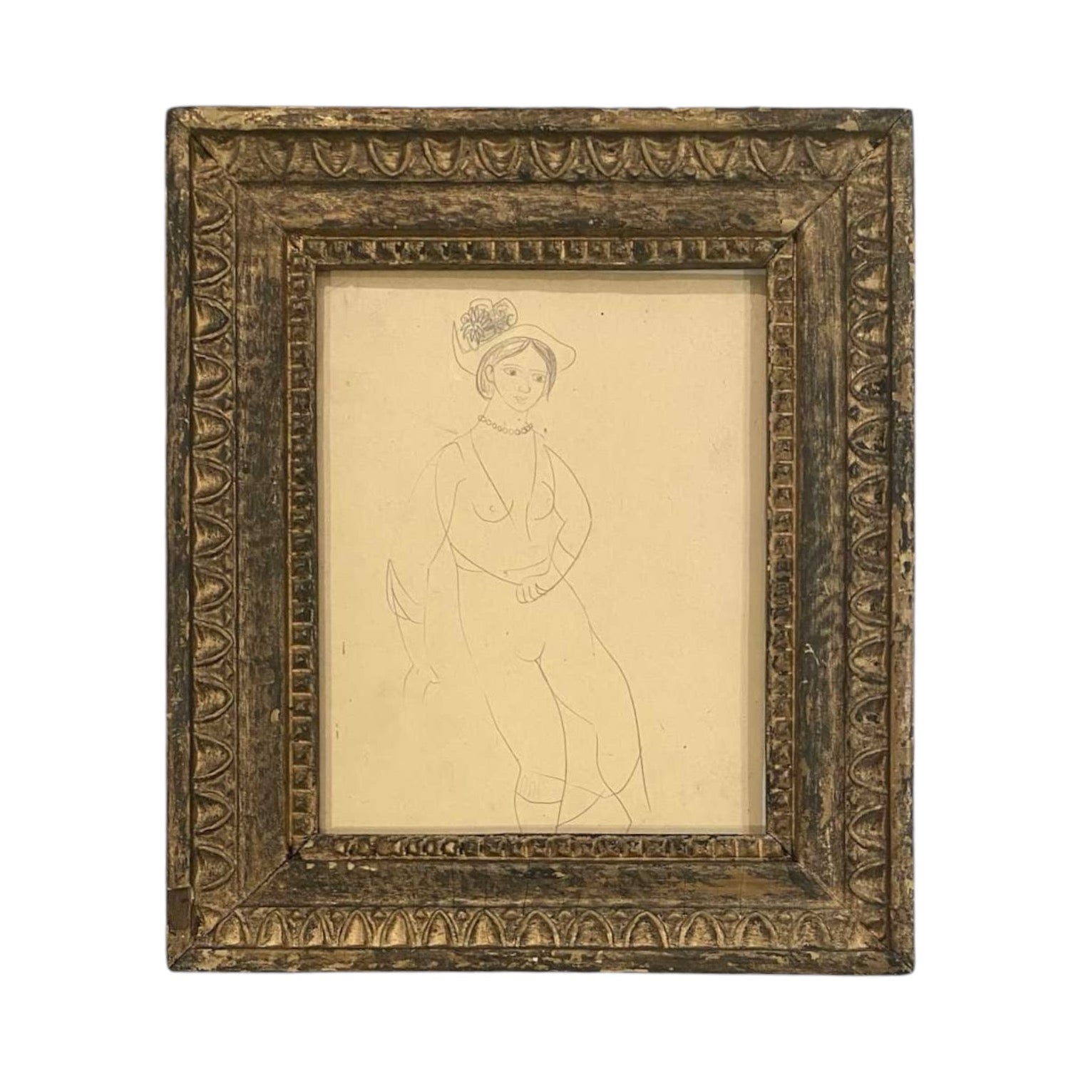 Mid-20th Century Graphite Drawing Presented in Vintage Frame