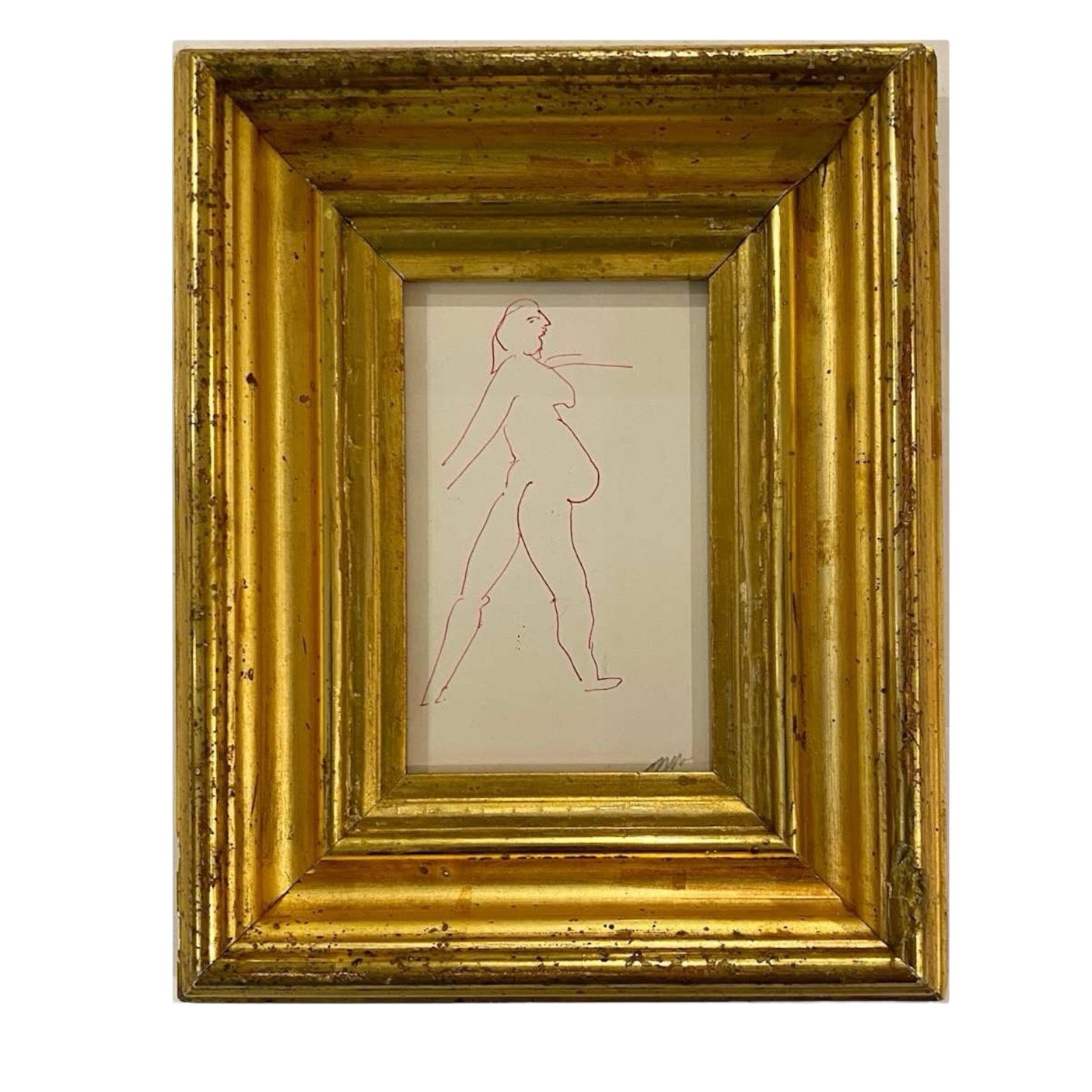 Ink Drawing of Figure Presented in Wide 19th Century Lemon Gold Frame