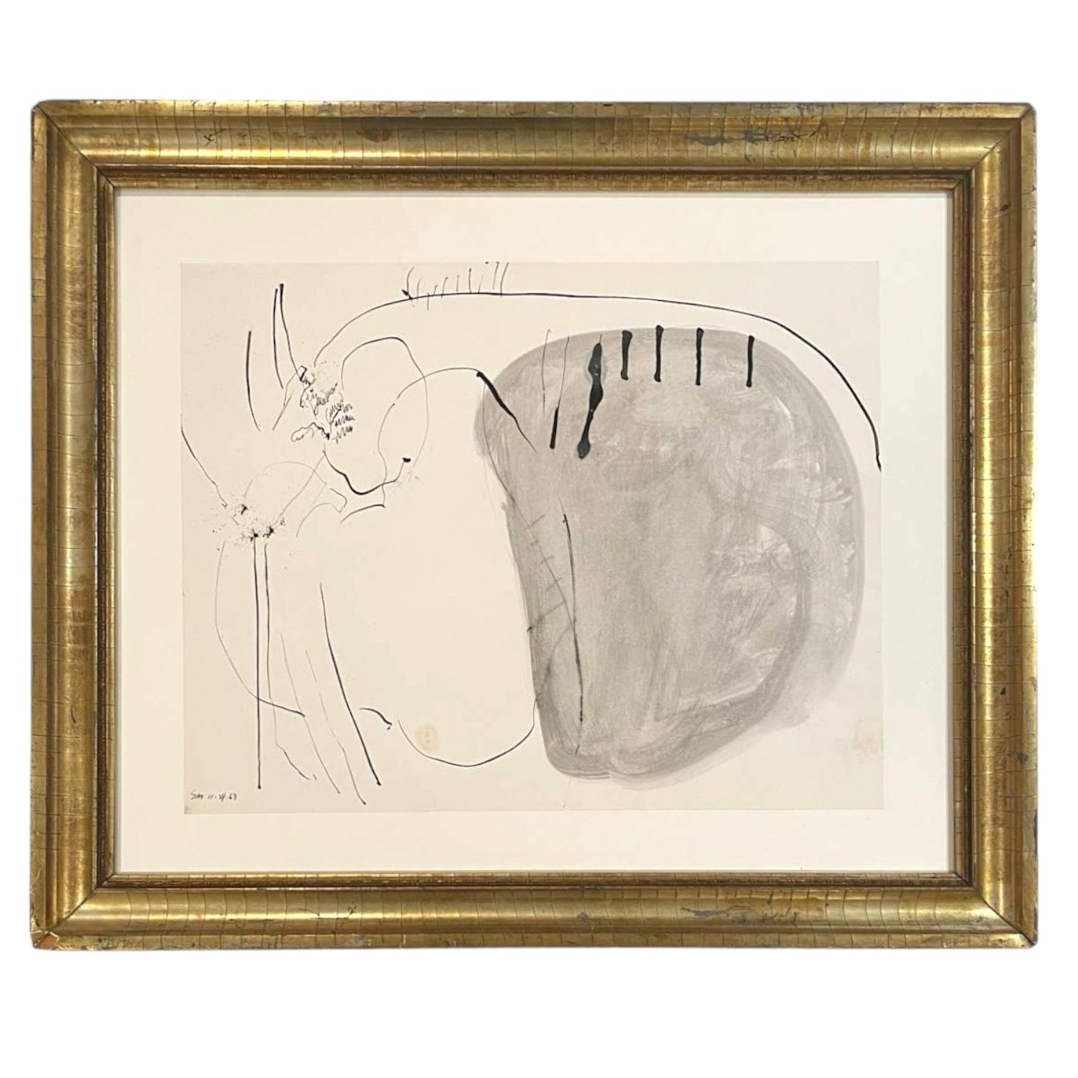 1963 Spare Ink Wash on Paper Presented in 19th Century Giltwood Frame