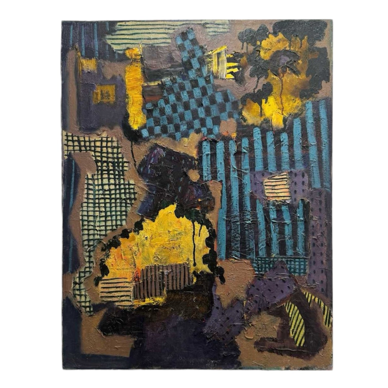 Boldly Patterned Abstract Expressionist Painting in Blues Yellow Neutrals