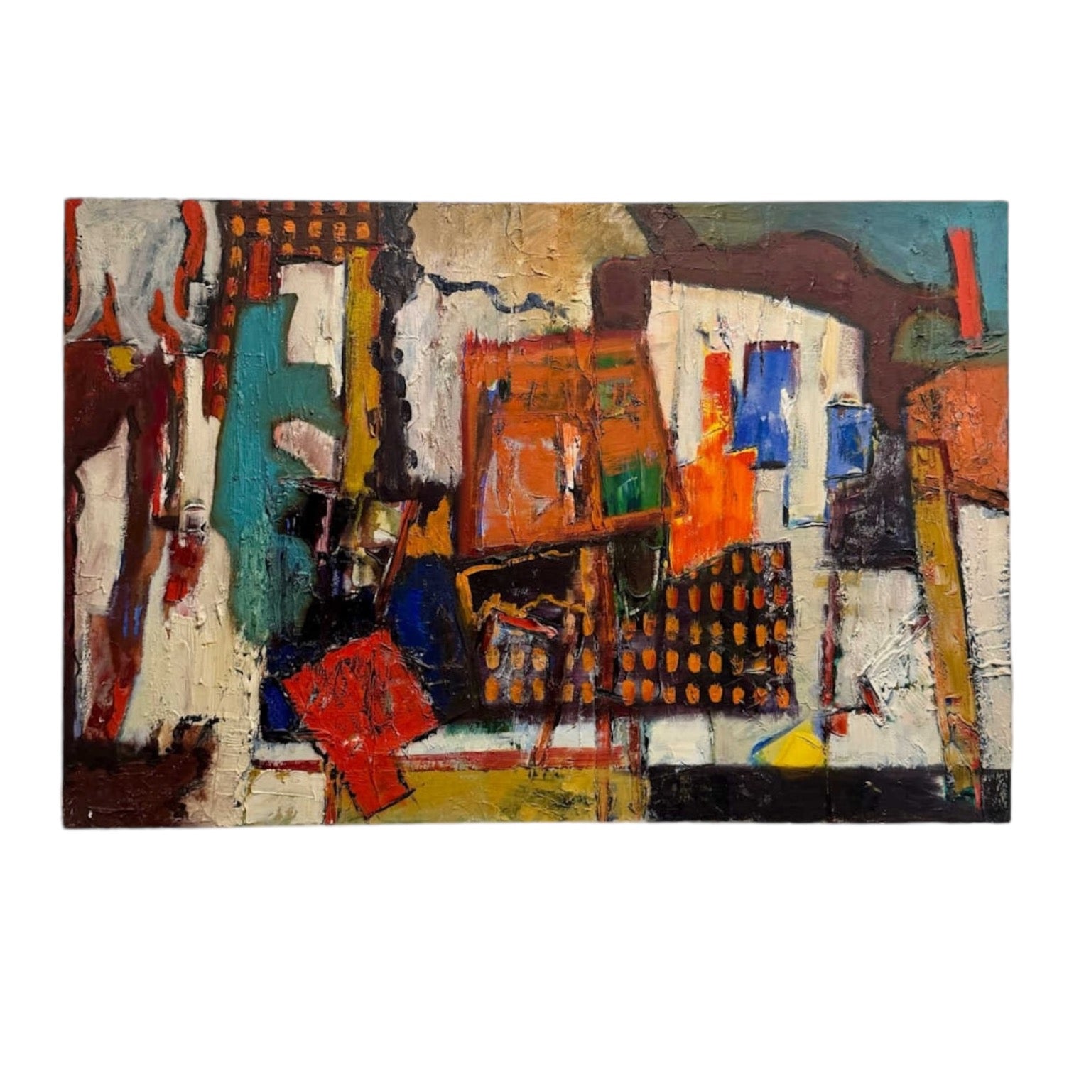 Energetic Patterned Abstract Expressionist Painting in Orange Teal