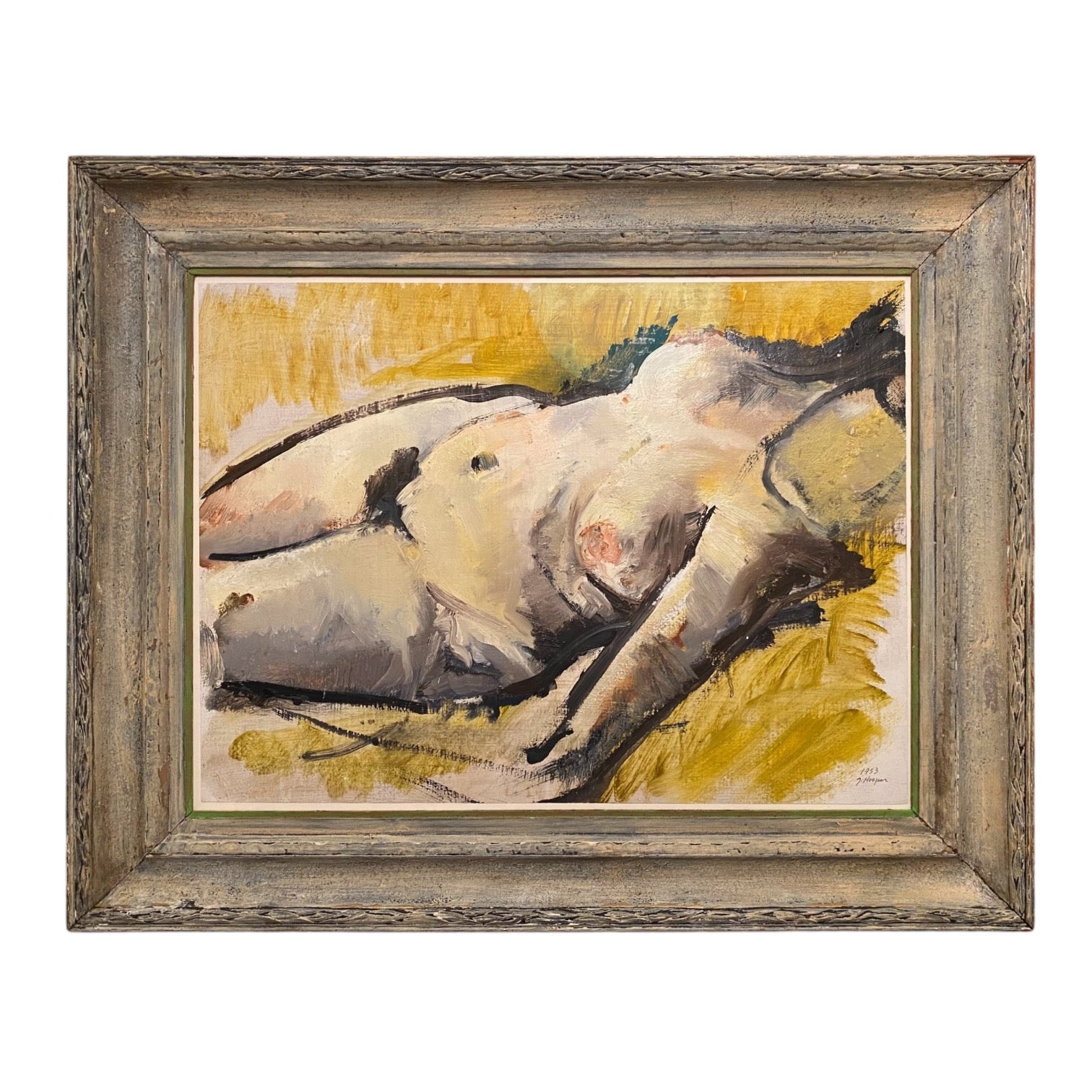 Large Oil Painting on Paper of Reclining Nude Presented in Antique Frame