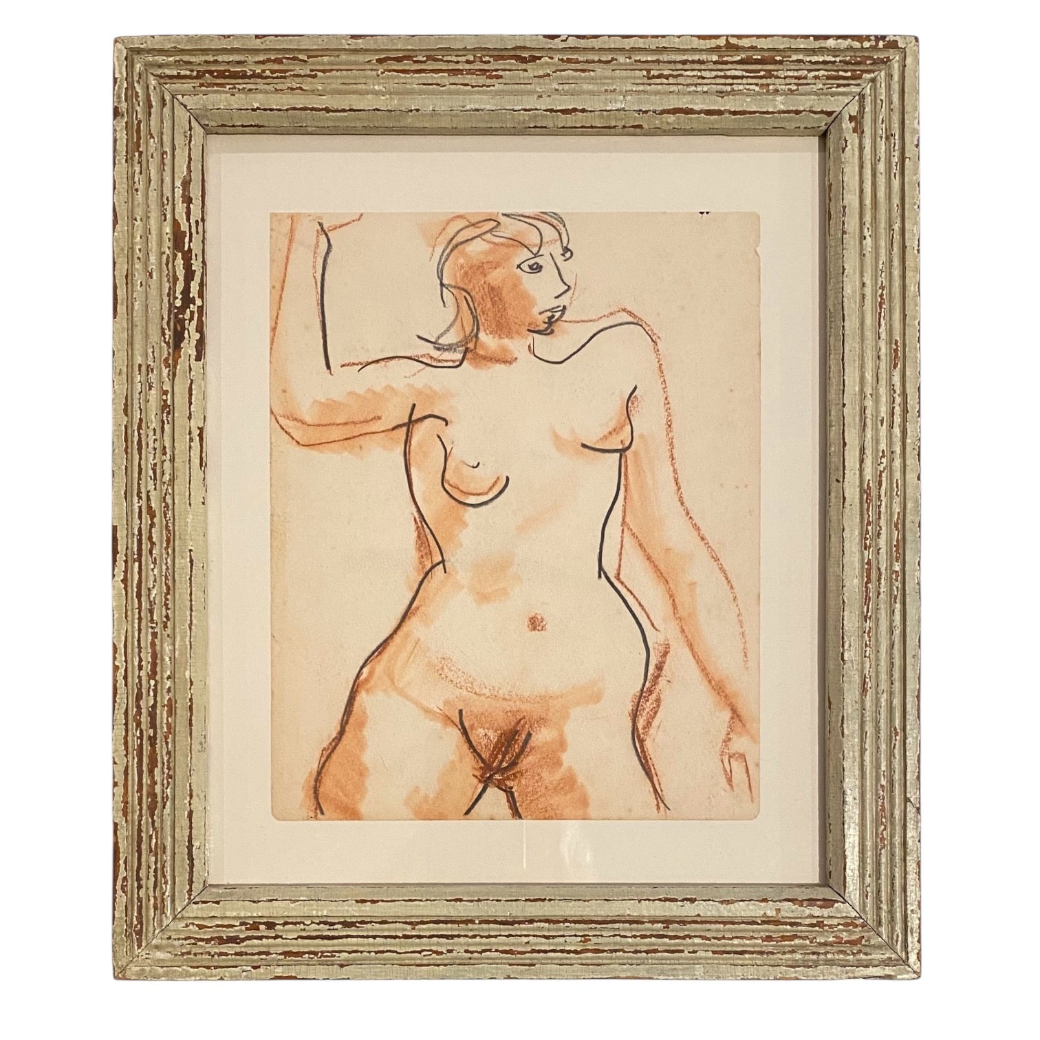 Mixed Media Figurative Painting Presented in Vintage Pale Wood Frame