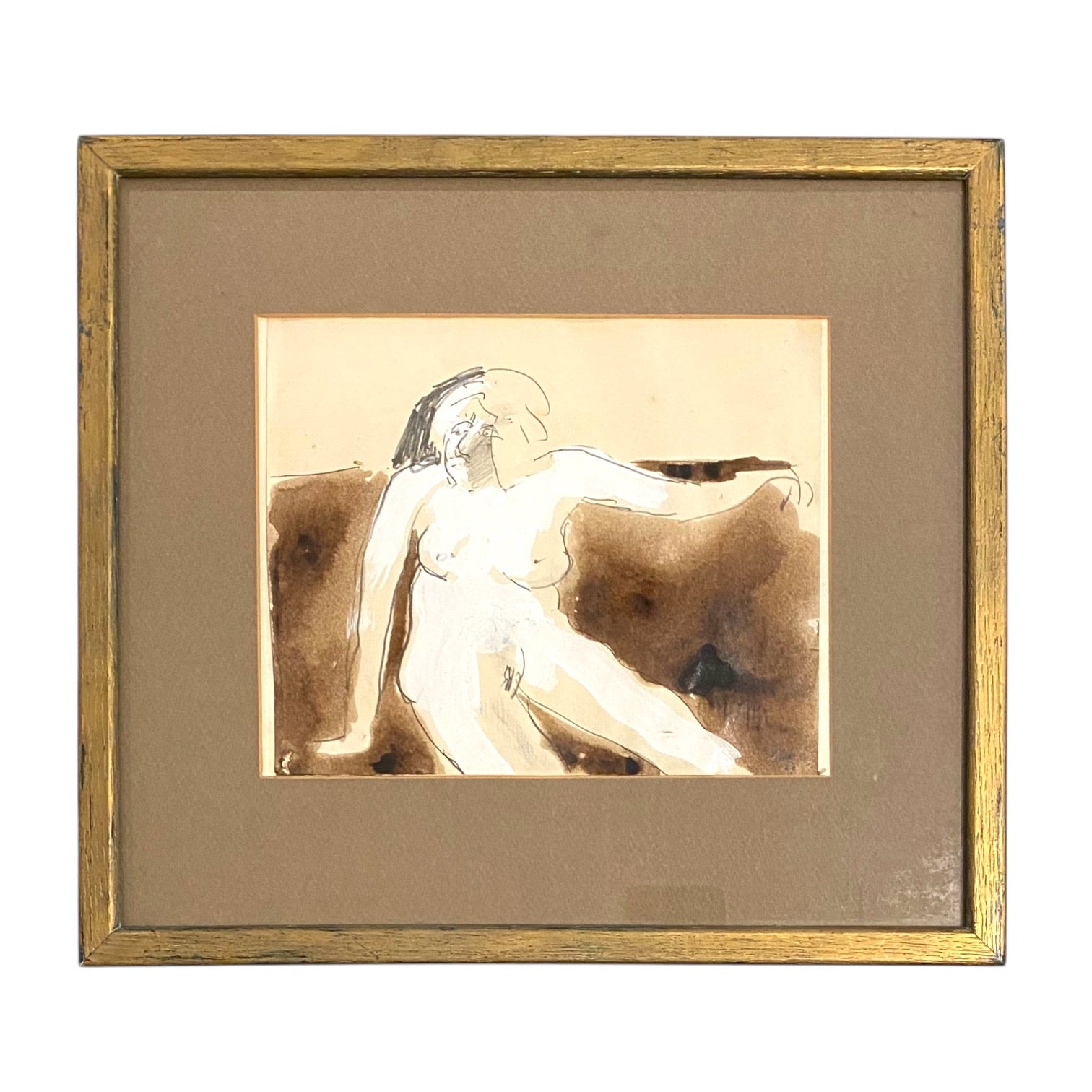 1967 Oil Painting of Seated Figure in Earthtones in Original Gilt Frame