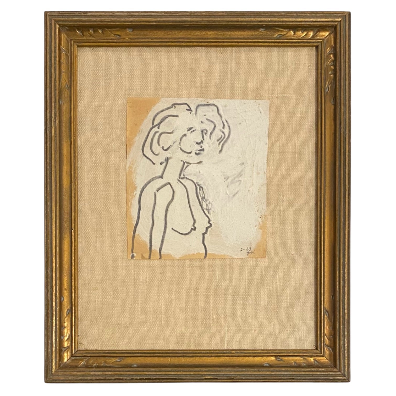 Mixed Media Figurative Work on Paper in Original Frame