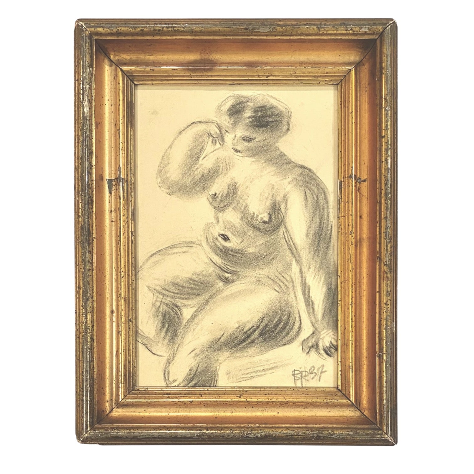Figurative Graphite Drawing Presented in Antique Giltwood Frame