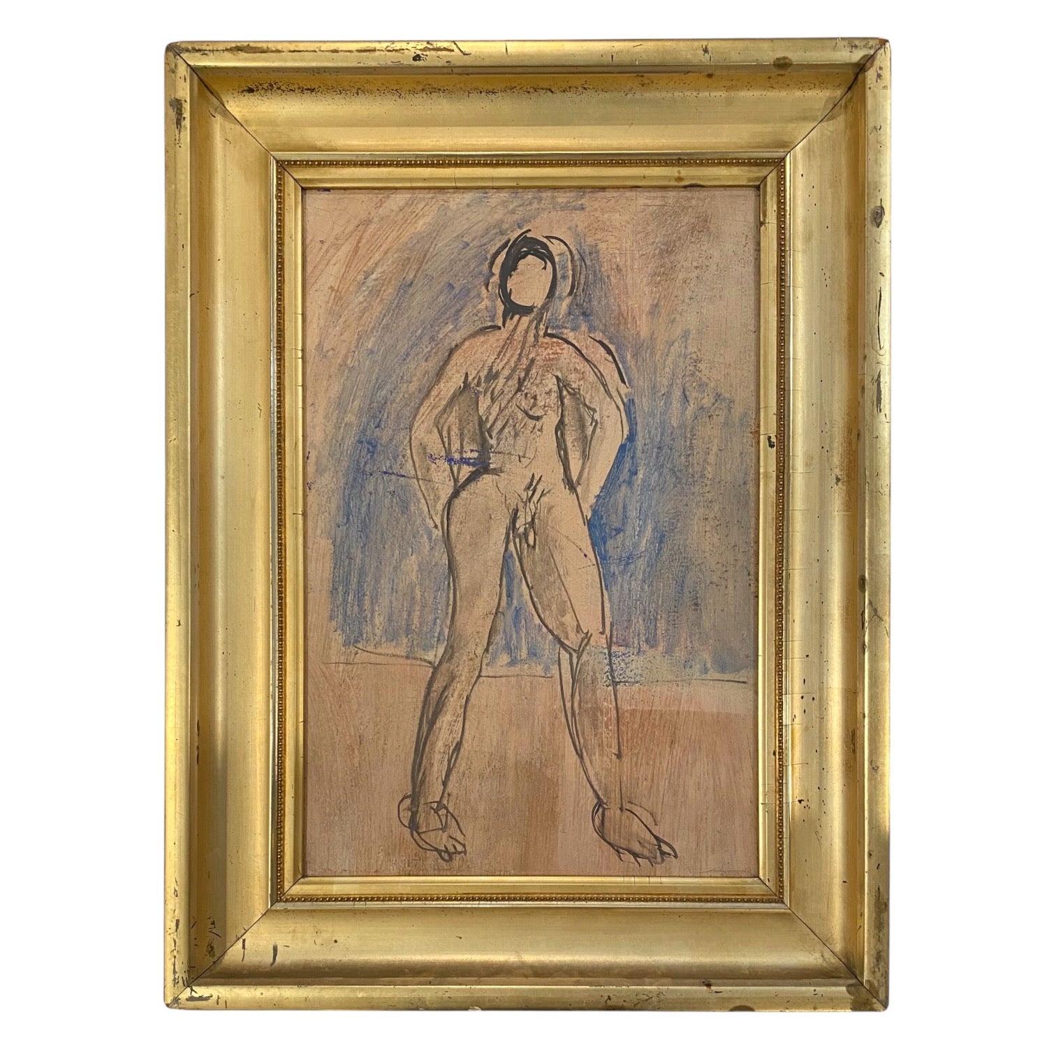 Modernist Oil on Panel Figurative Painting Presented in Heavy Antique Gilt Frame