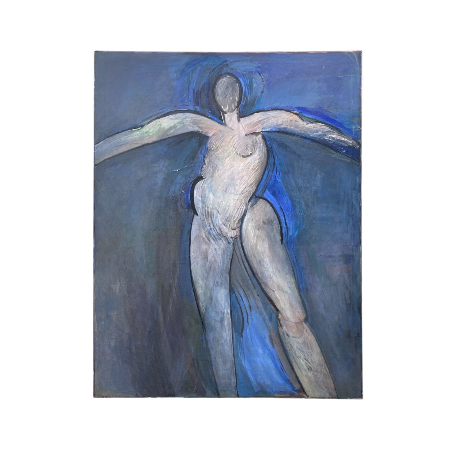 Monumental Modernist Painting of Figure in Artist-Made Lathe Frame