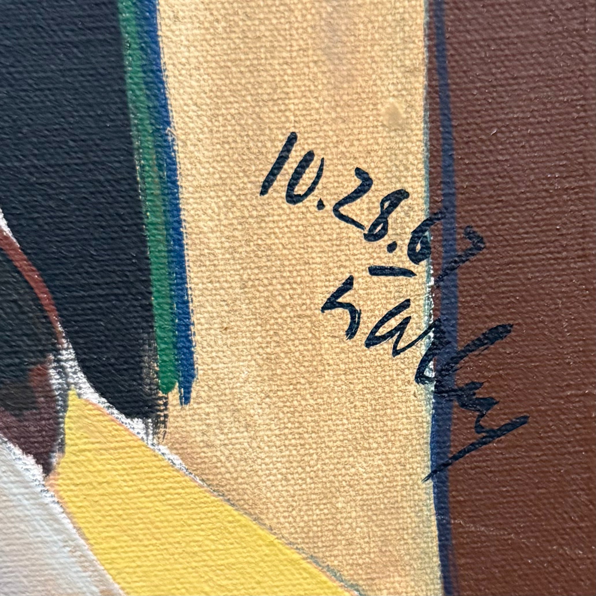 Richly Colored Studio Still Life Featuring Self Portrait, Pears, and Gourds, 1967