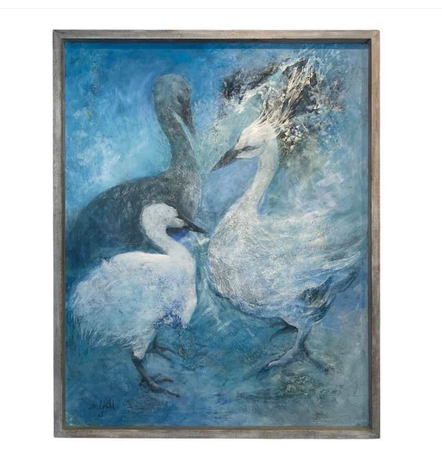 Vintage Oil Painting of Swans .