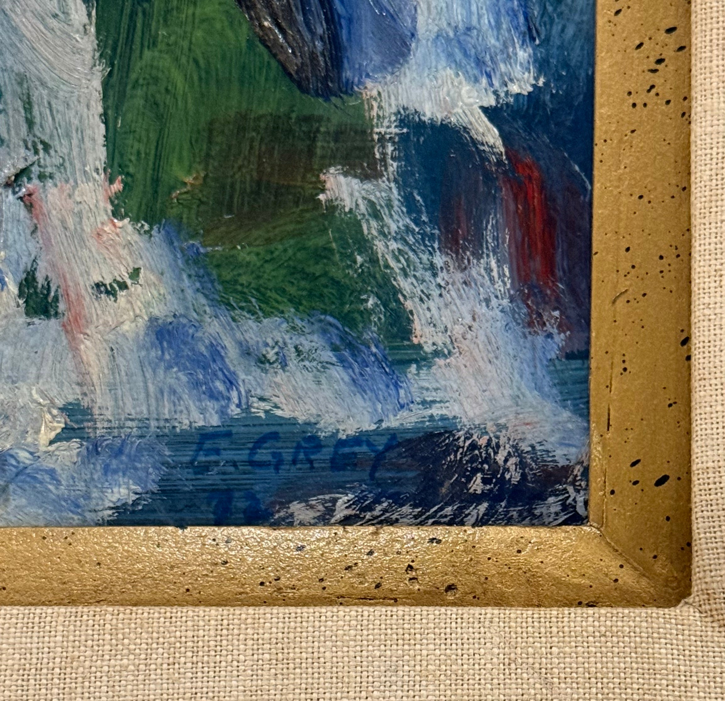 Vibrantly Colorful Abstract Expressionist Oil Painting in Vintage Gold Toned Frame