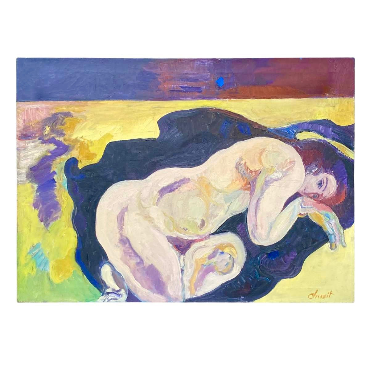 Vintage Oil Painting of a Nude Woman Manner of Egon Schiele