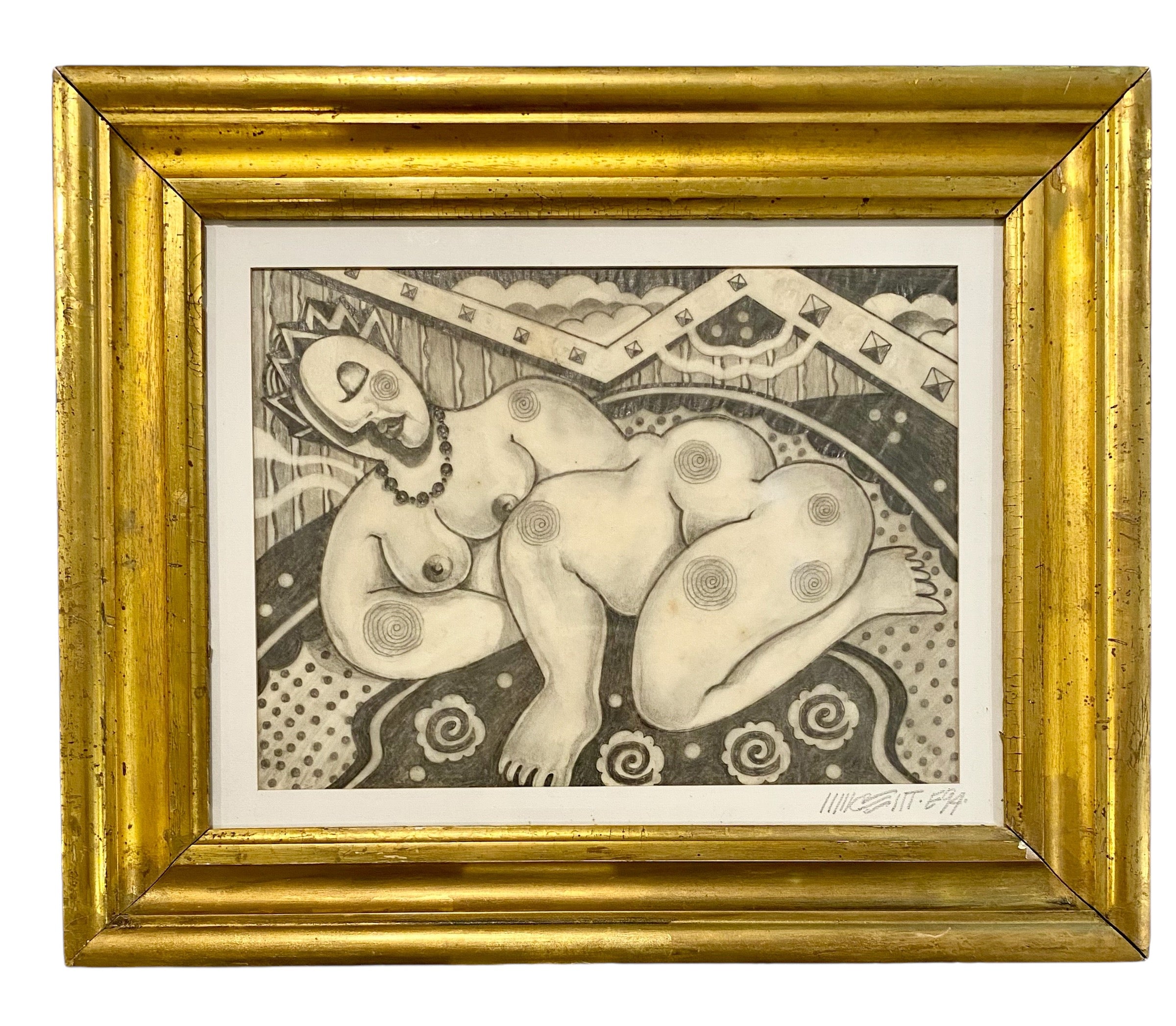 Abstract Figural Rendering in Graphite and Ink Presented in 19th Century Gilt Frame