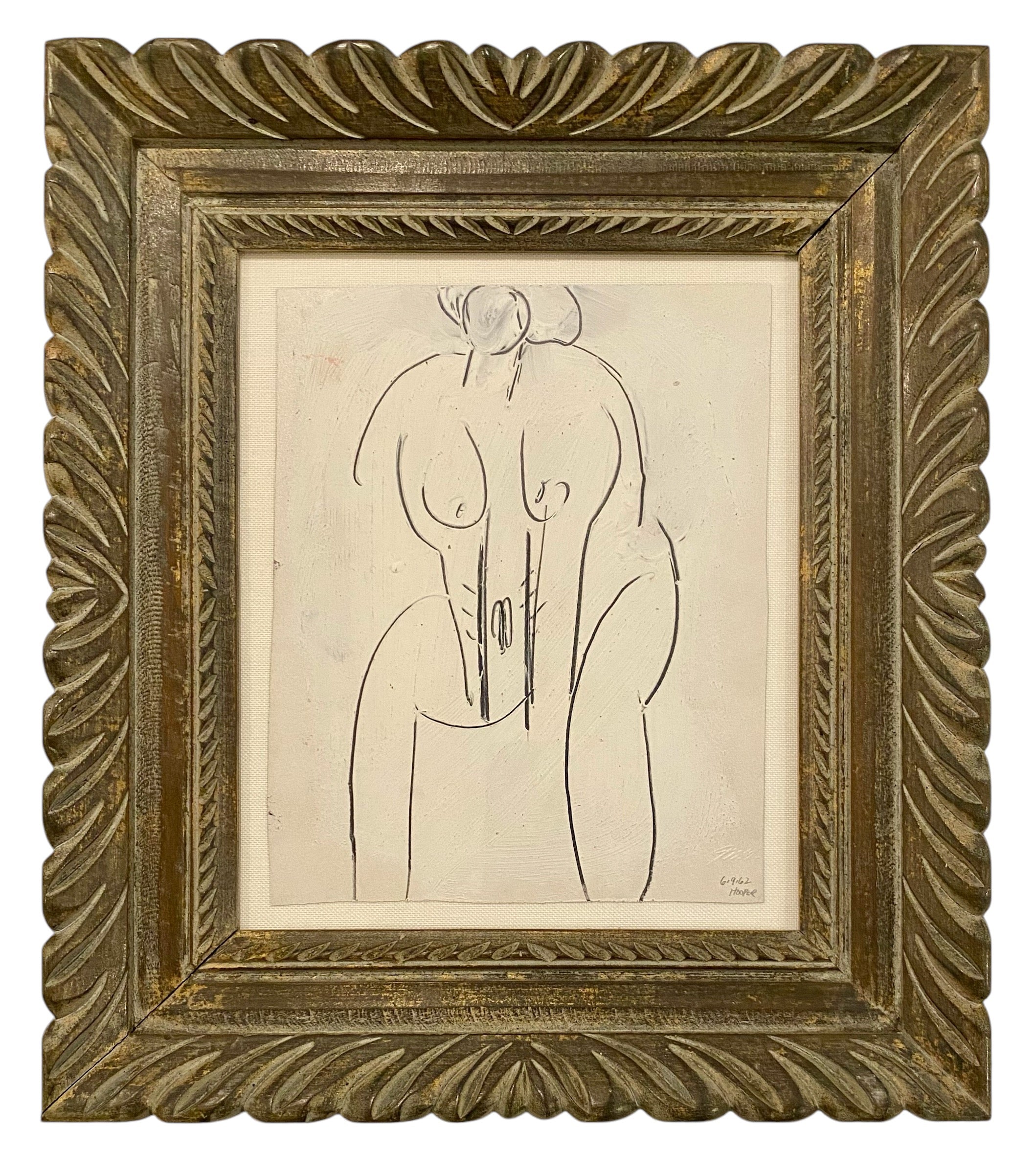 Drawing of Nude Figure Presented in Antique Carved Wood Frame