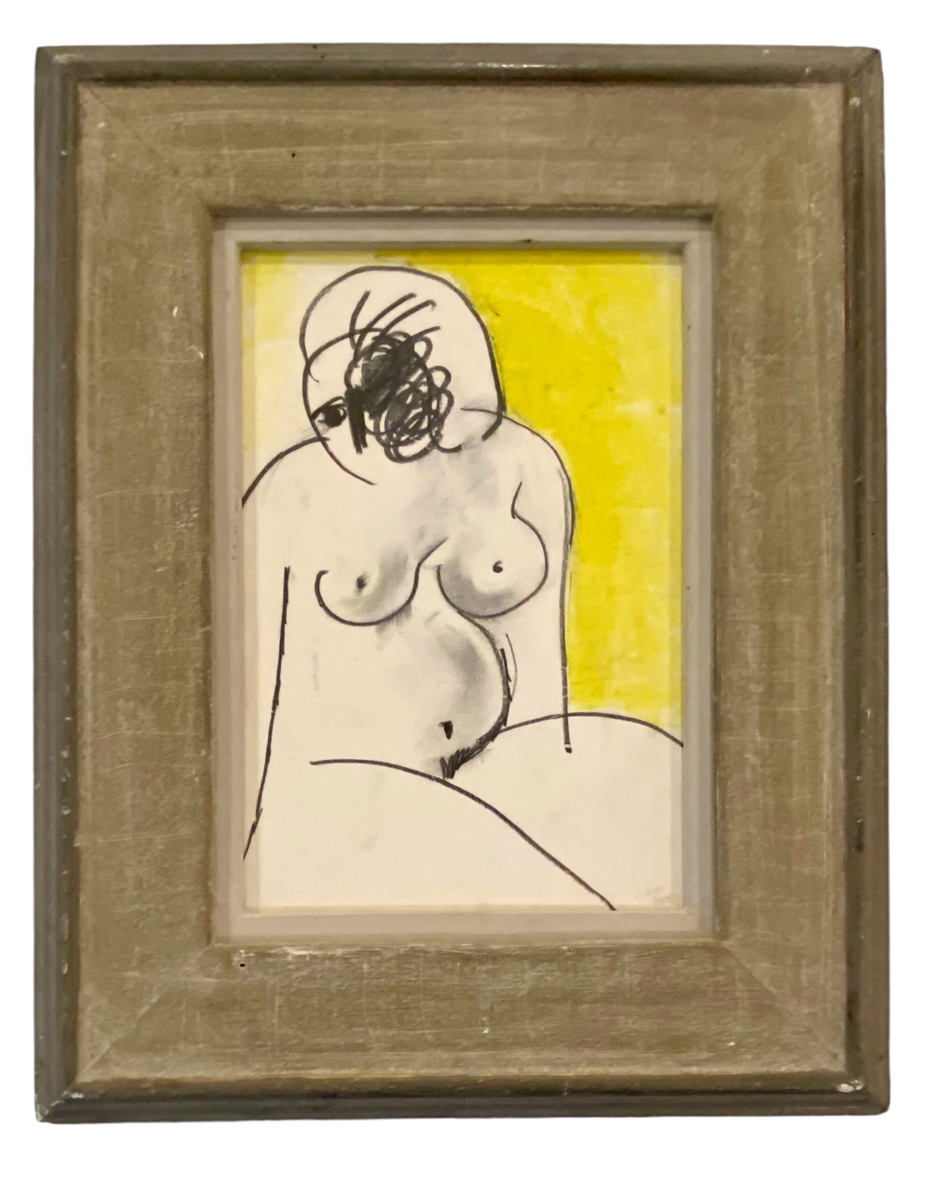 Oil and Graphite Seated Figure Presented in Vintage Wood Frame