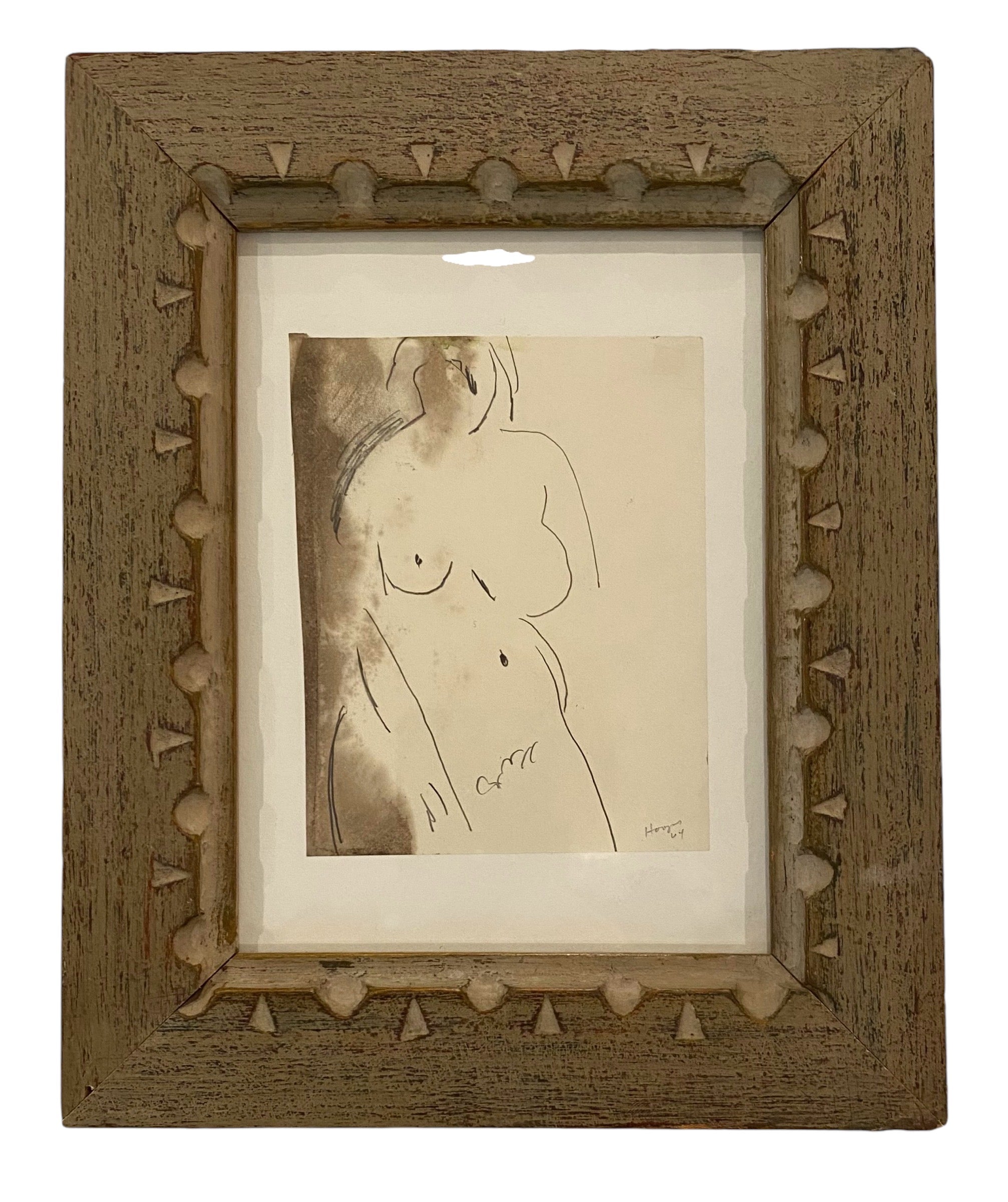 Oil and Ink Painting of Figure Presented in Vintage Hand-Carved Frame