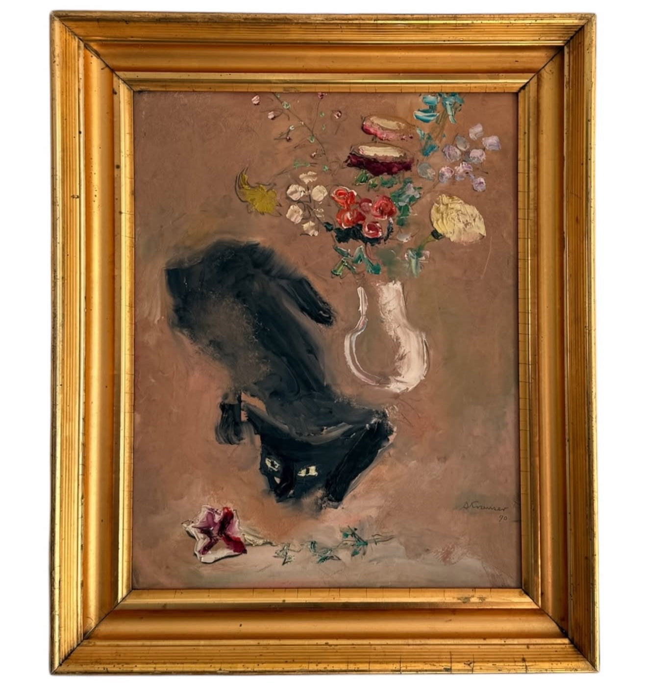 Reserved JR — Painting of Cat and Flowers in 19th Century Lemon Gilt Frame