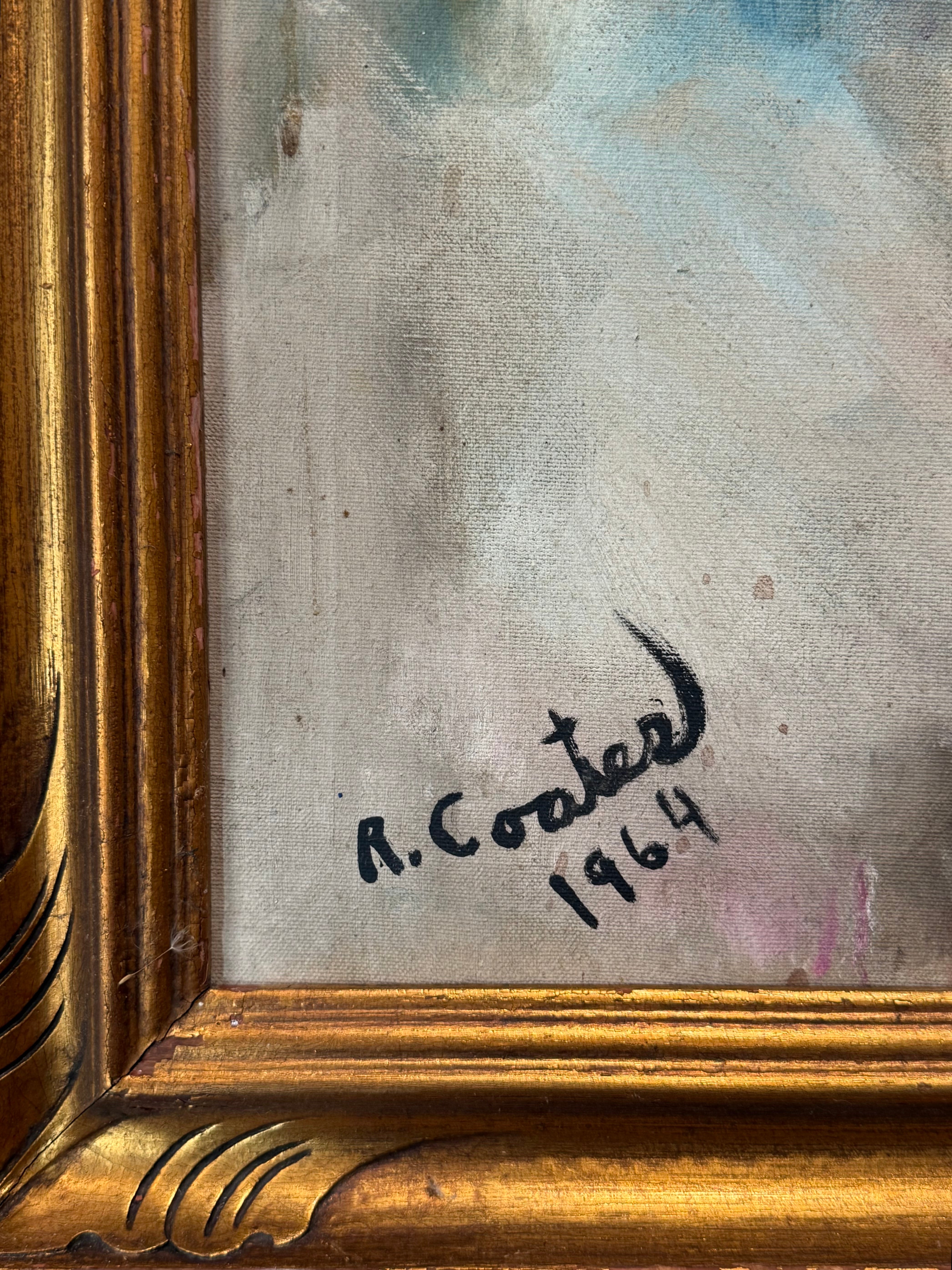 Figurative Oil Painting in Pinks and Blues with Heavy 19th Century Gilt Frame