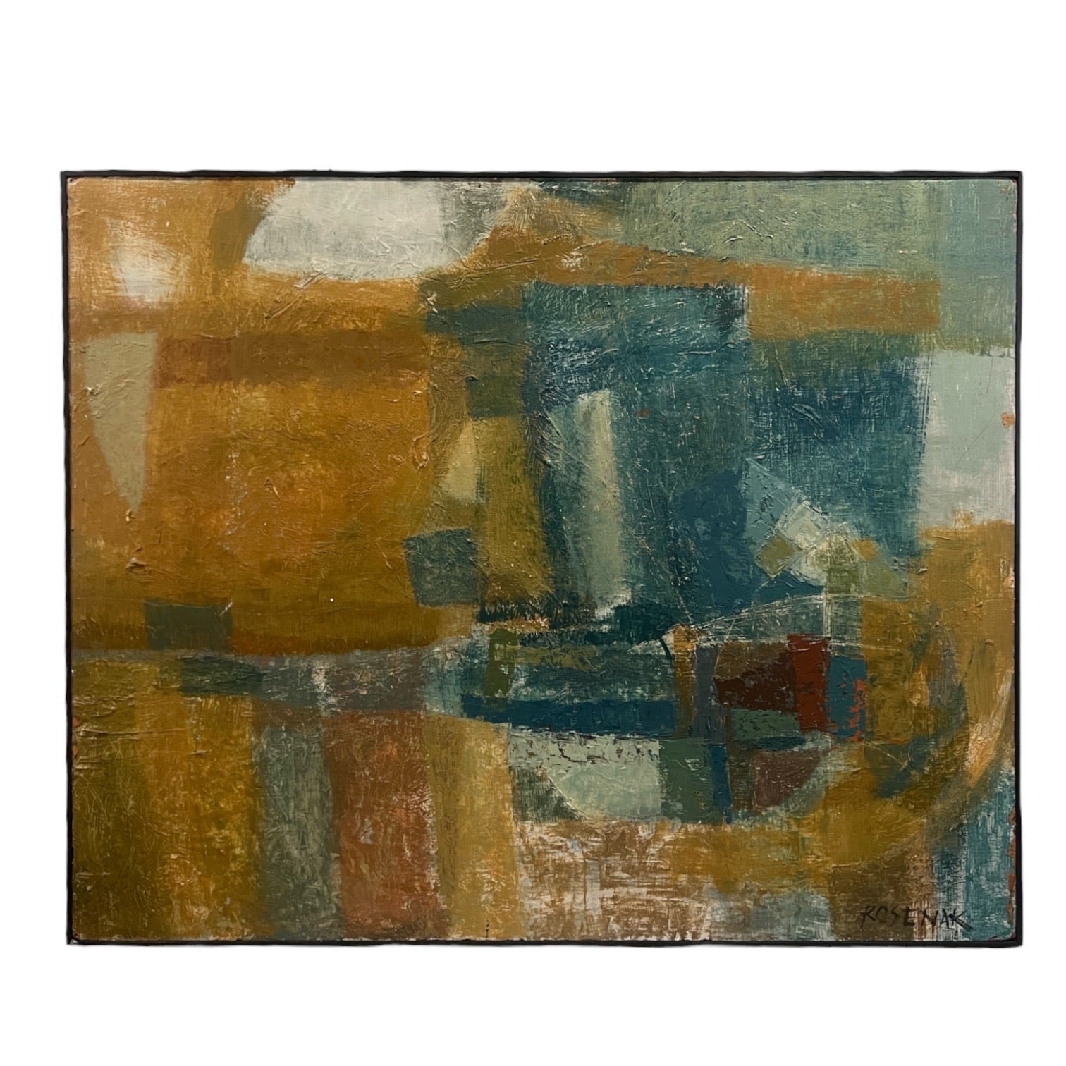 Abstract Expressionist Painting in Ochre and Teal