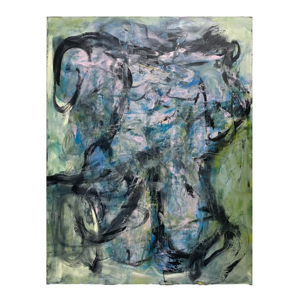 Vintage Abstract Expressionist Painting in Blues and Greens