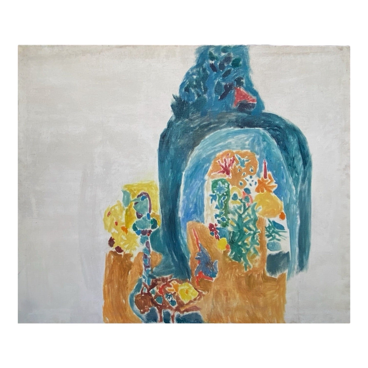 Large Vintage Floral Painting in Blues and Ochre