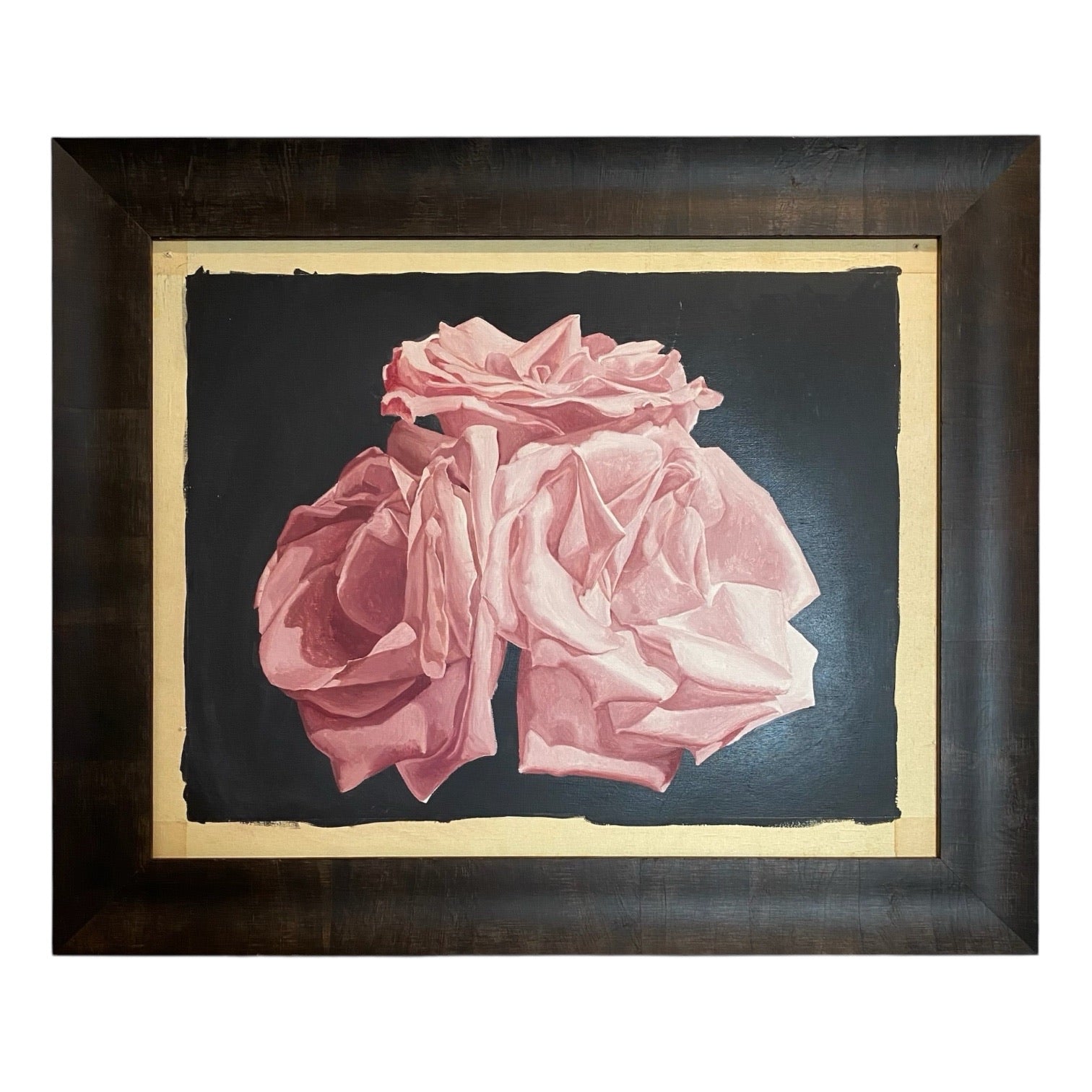 Realistic Oil Painting of Pink Roses Presented in Heavy Vintage Frame