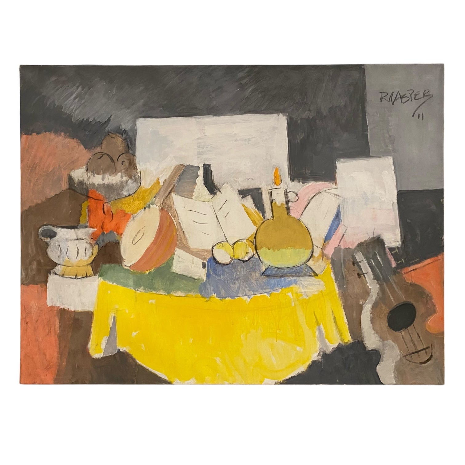 Large Vintage Still Life with Yellow Tablecloth