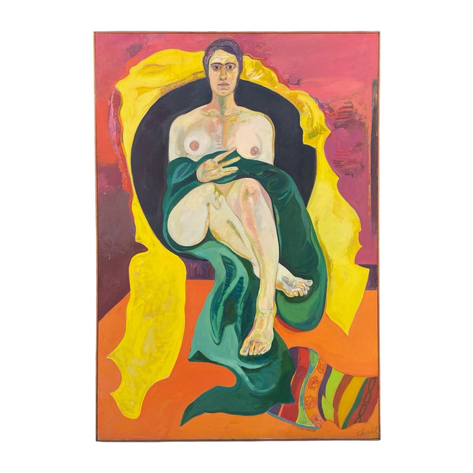 Monumental Figurative Oil Painting with Colorful Fabrics