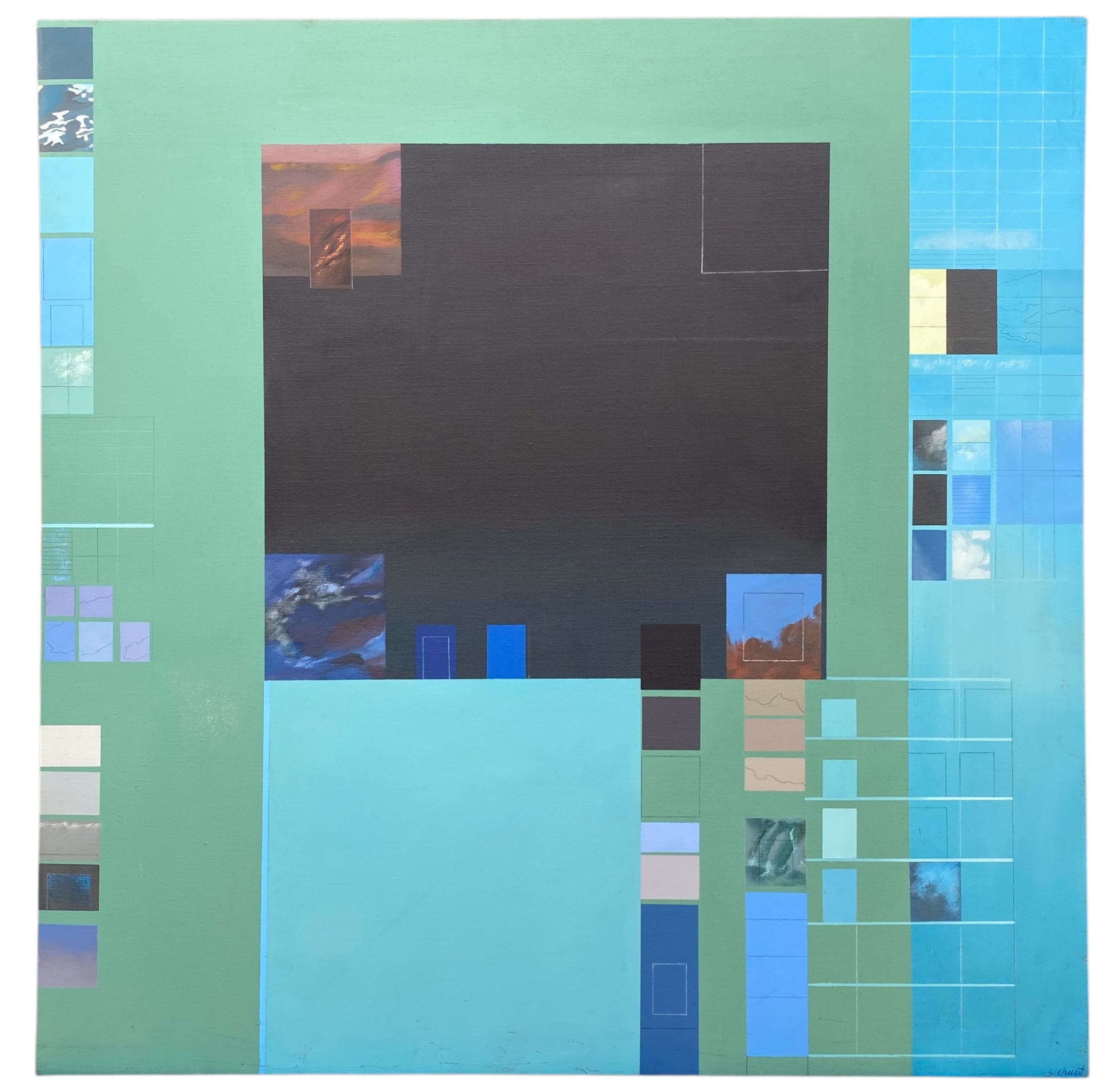 Geometric Oil Painting with Cloud-Motif Insets and Grided Linework