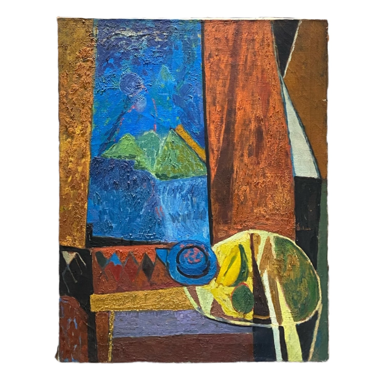 Colorful Interior Painting with Still Life Fruit and Teapot
