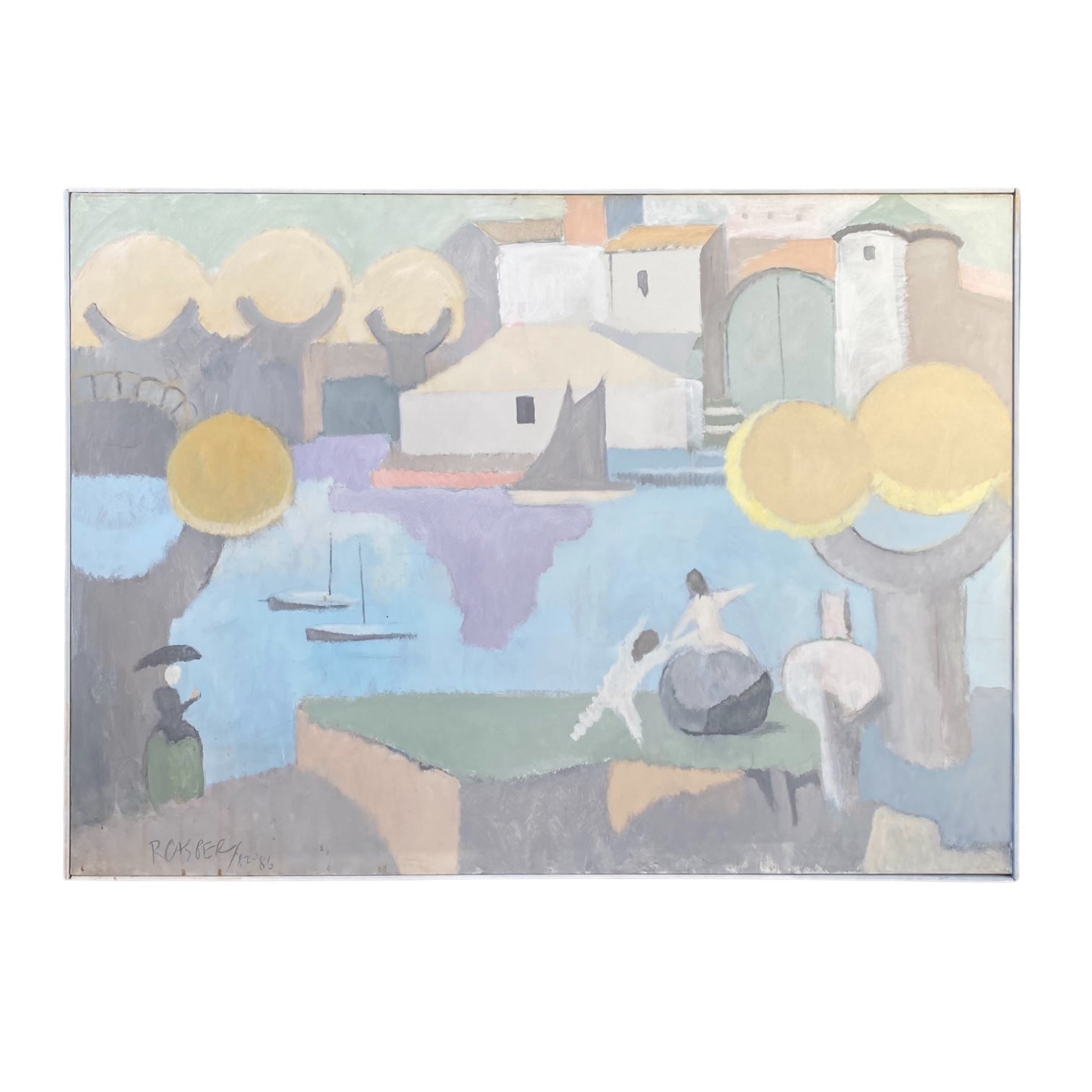 Figurative Painting of Dancers on the Shore with Sailboats