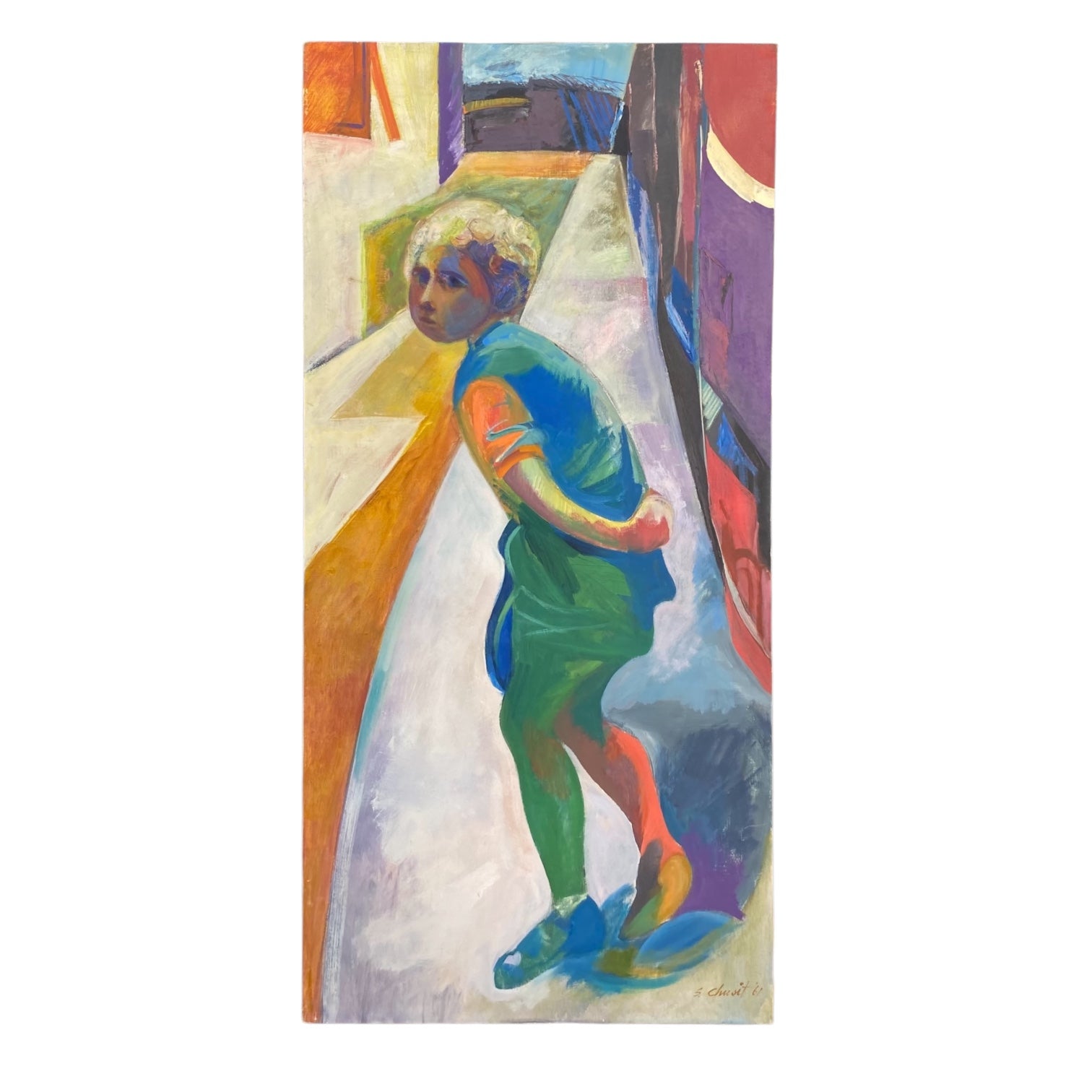 1961 Tall Narrow Oil Painting of Boy in Cityscape