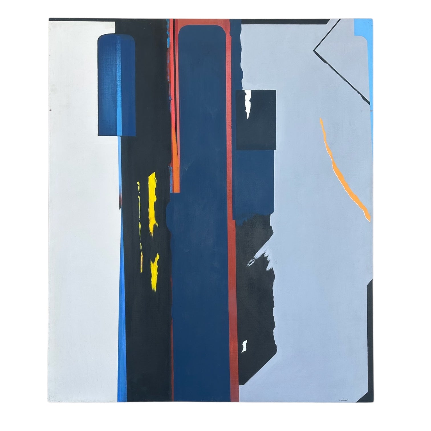 Monumental Abstract High Contrast Oil Painting in Navy Black and Gray