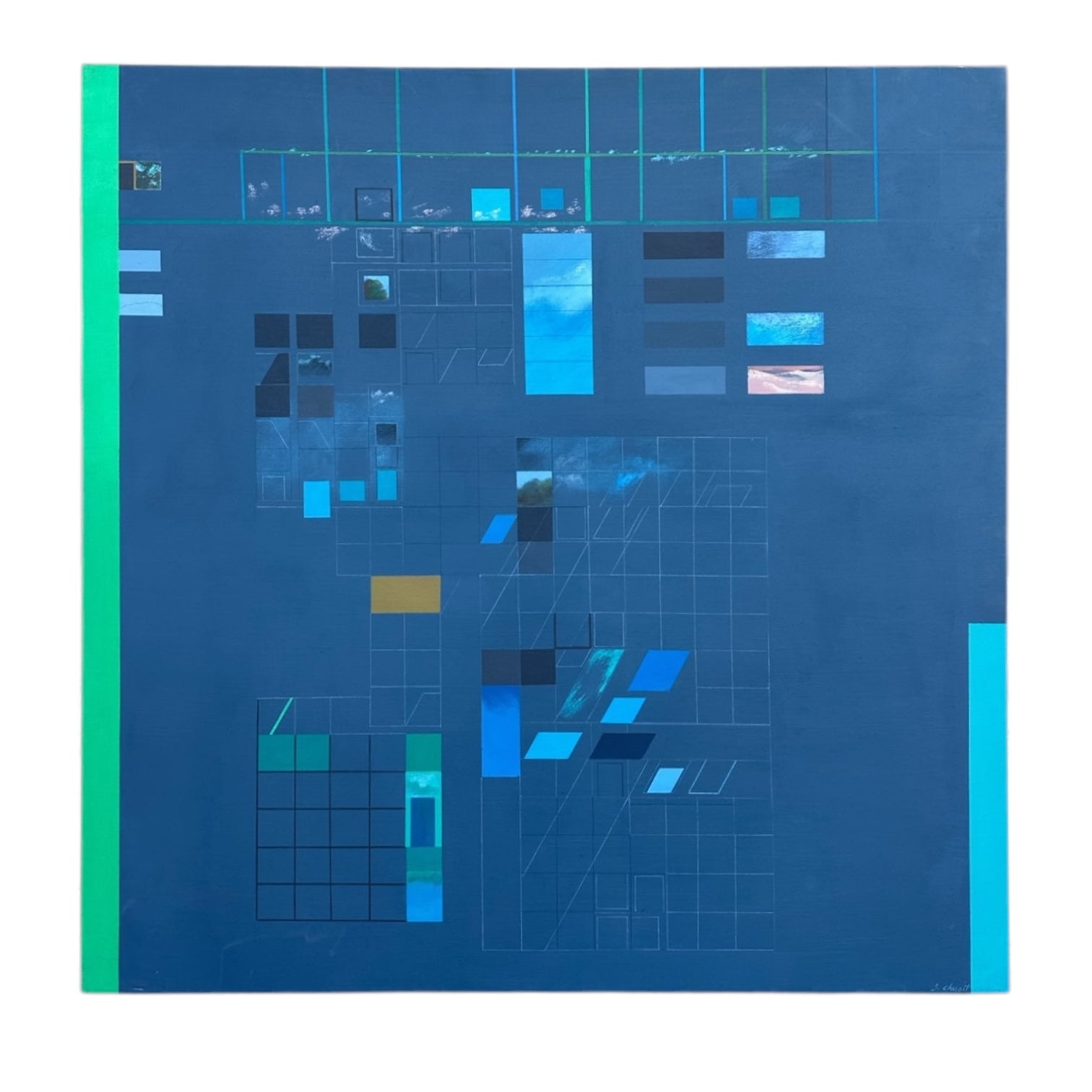 Constructivist Mixed Media Painting with Aqua and Lime Accents